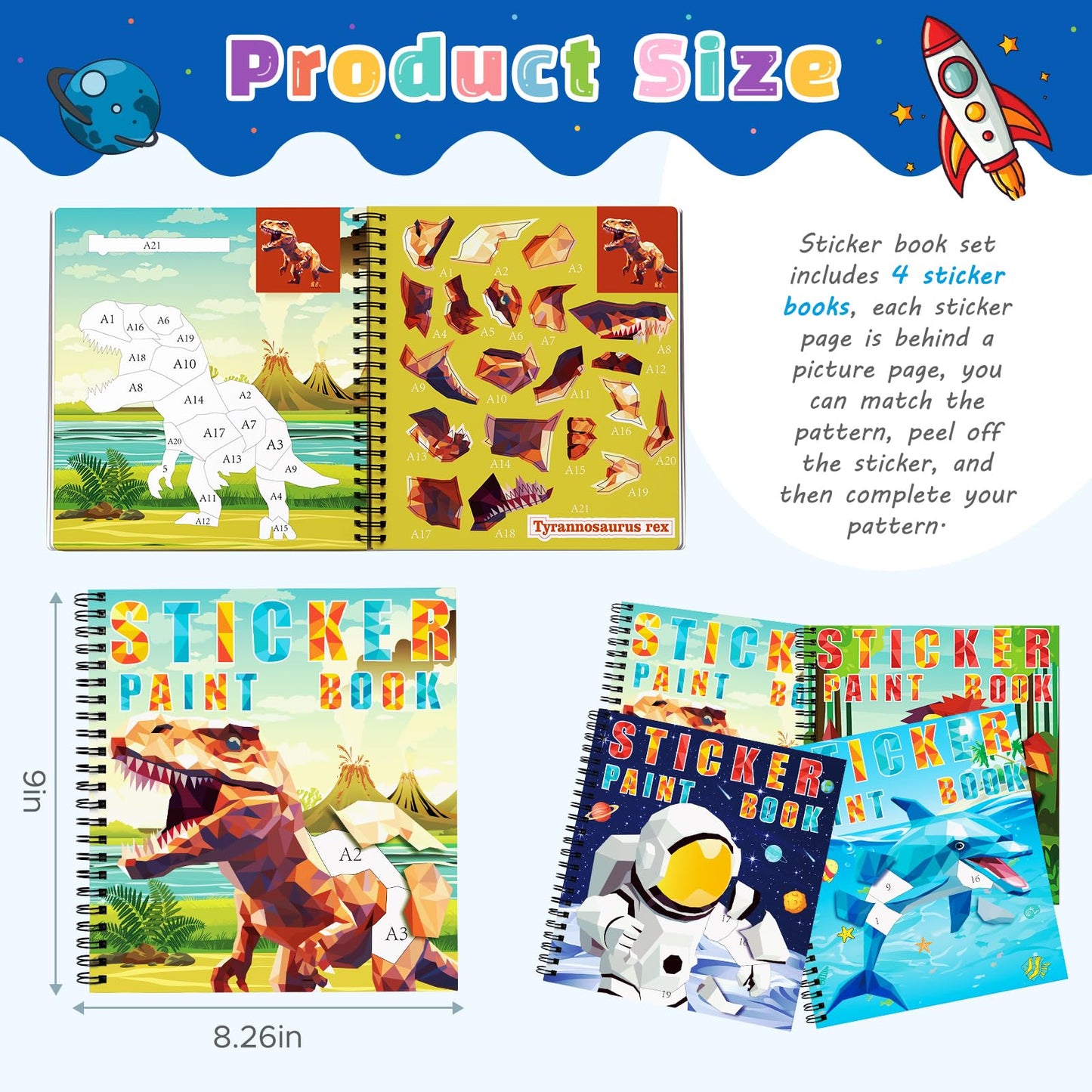 homicozy 4PCS Sticker Paint Books for Kids 4-10 – Dinosaur, Astronaut, Ocean & Animals