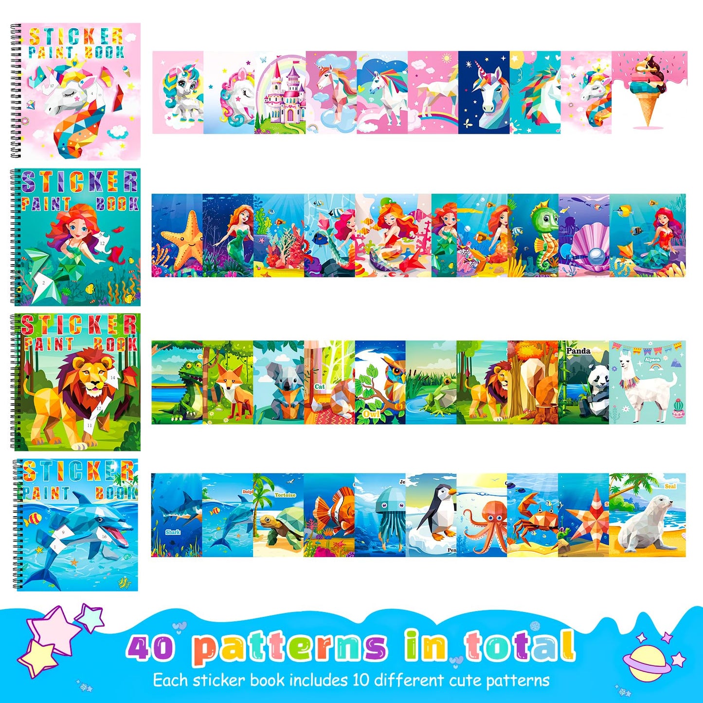 homicozy 4-Pack Sticker Paint Books for Kids 4-10 | Unicorn, Mermaid & Ocean Designs