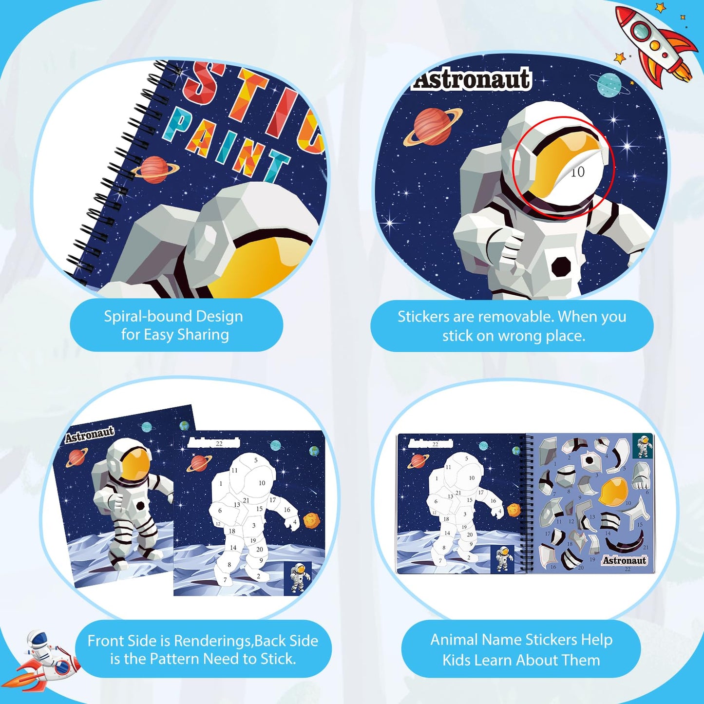 homicozy 4PCS Sticker Paint Books for Kids 4-10 – Dinosaur, Astronaut, Ocean & Animals