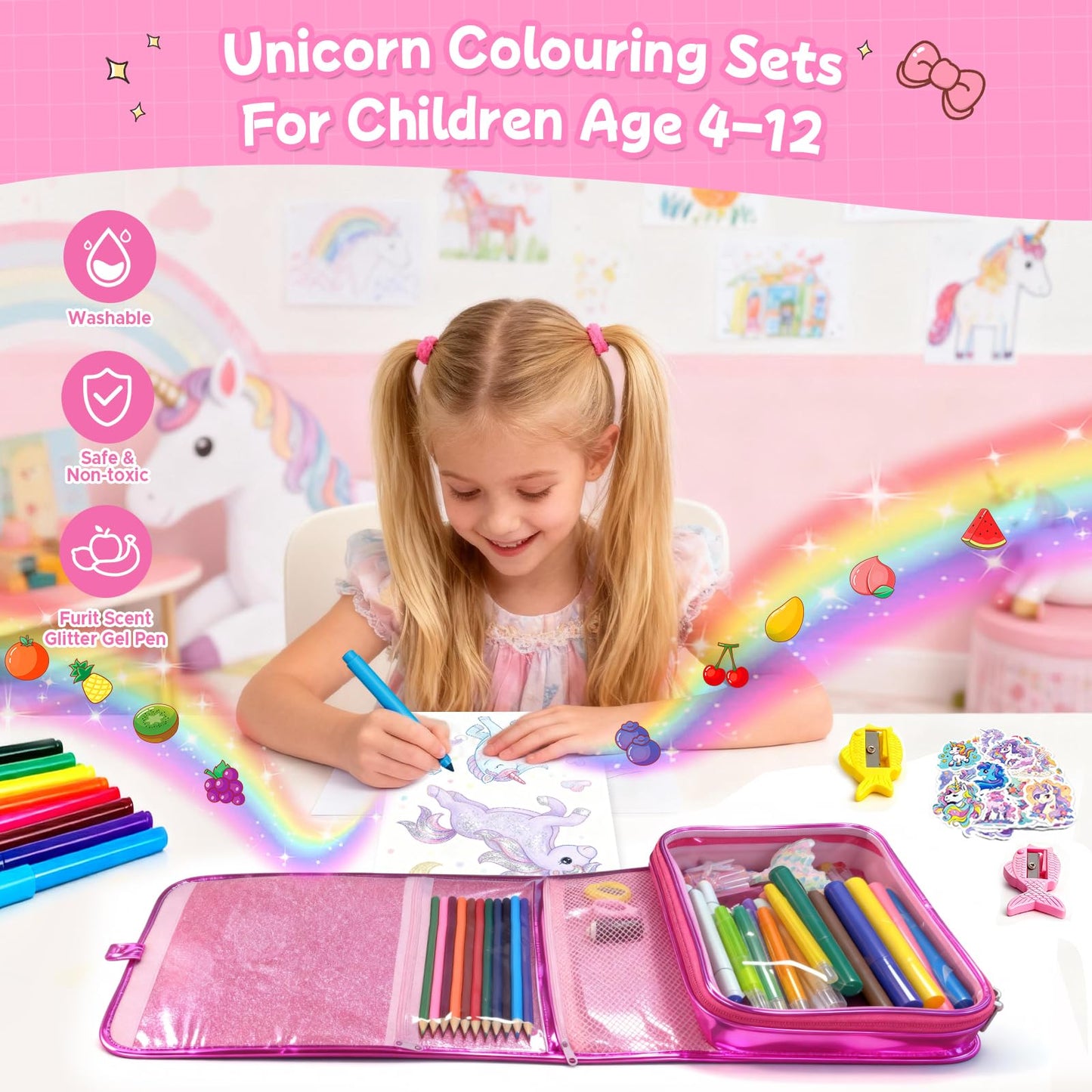 homicozy 106PCS Scented Washable Markers – Unicorn Travel Art Kit for Kids