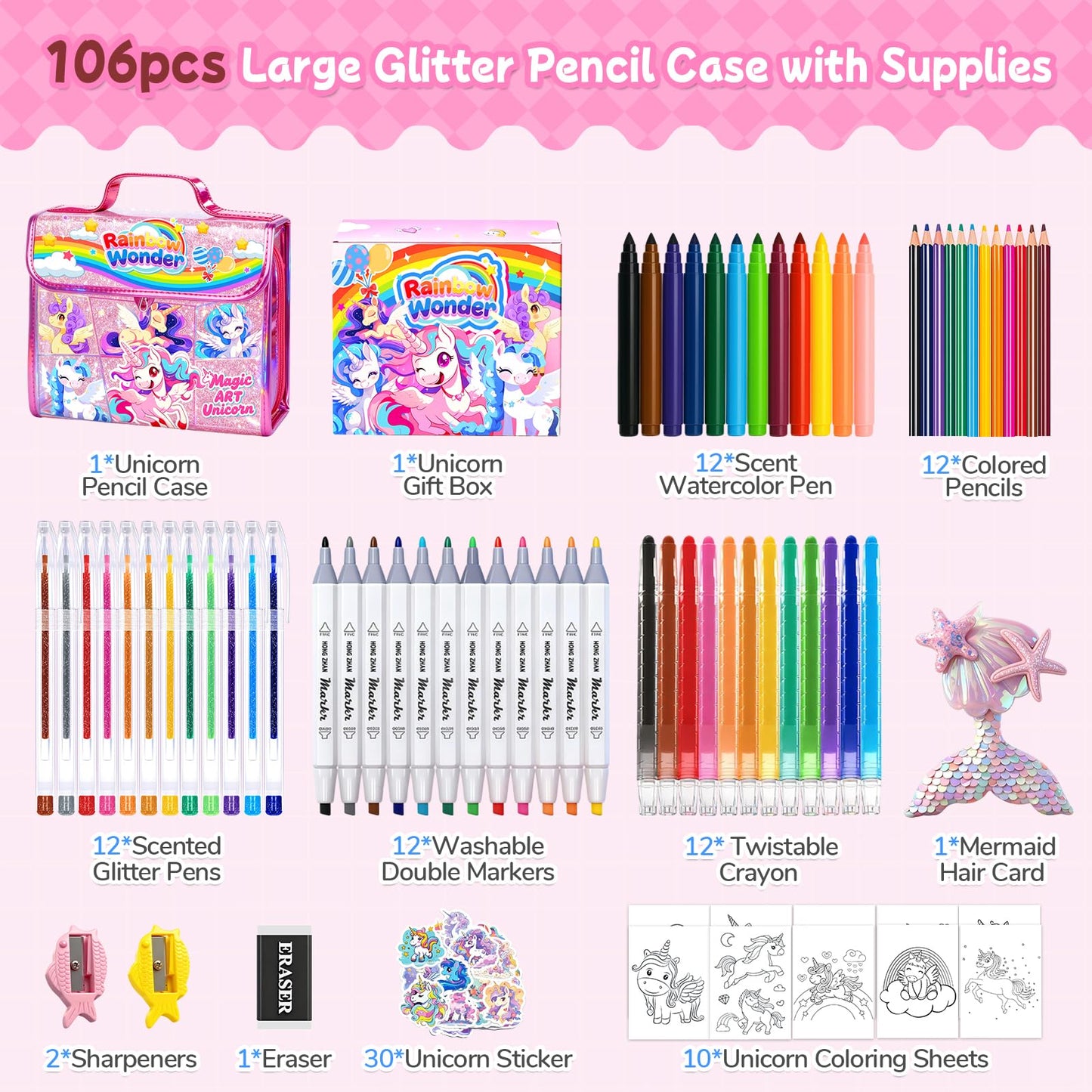 homicozy 106PCS Scented Washable Markers – Unicorn Travel Art Kit for Kids