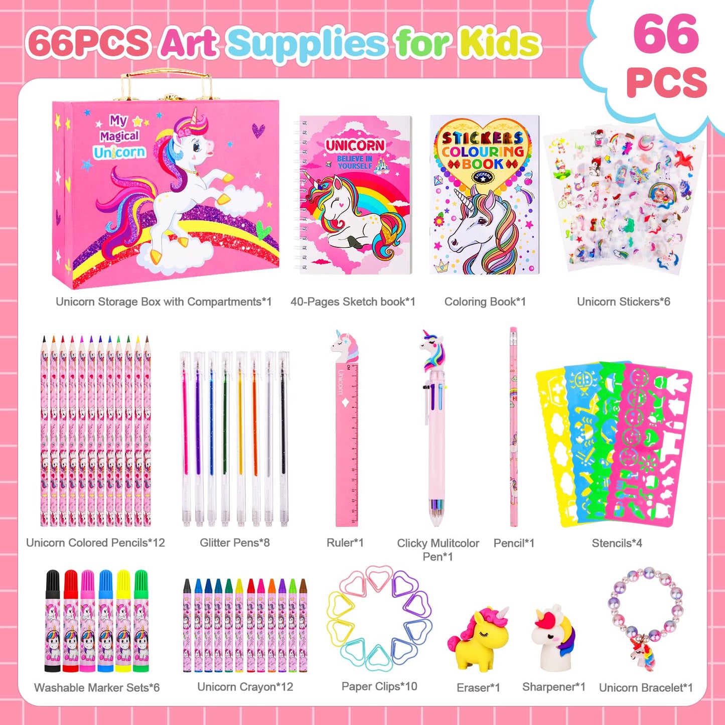 Homicozy 66PCS Unicorn Art Set for Kids – Portable Storage Box Gift for Girls 4-12