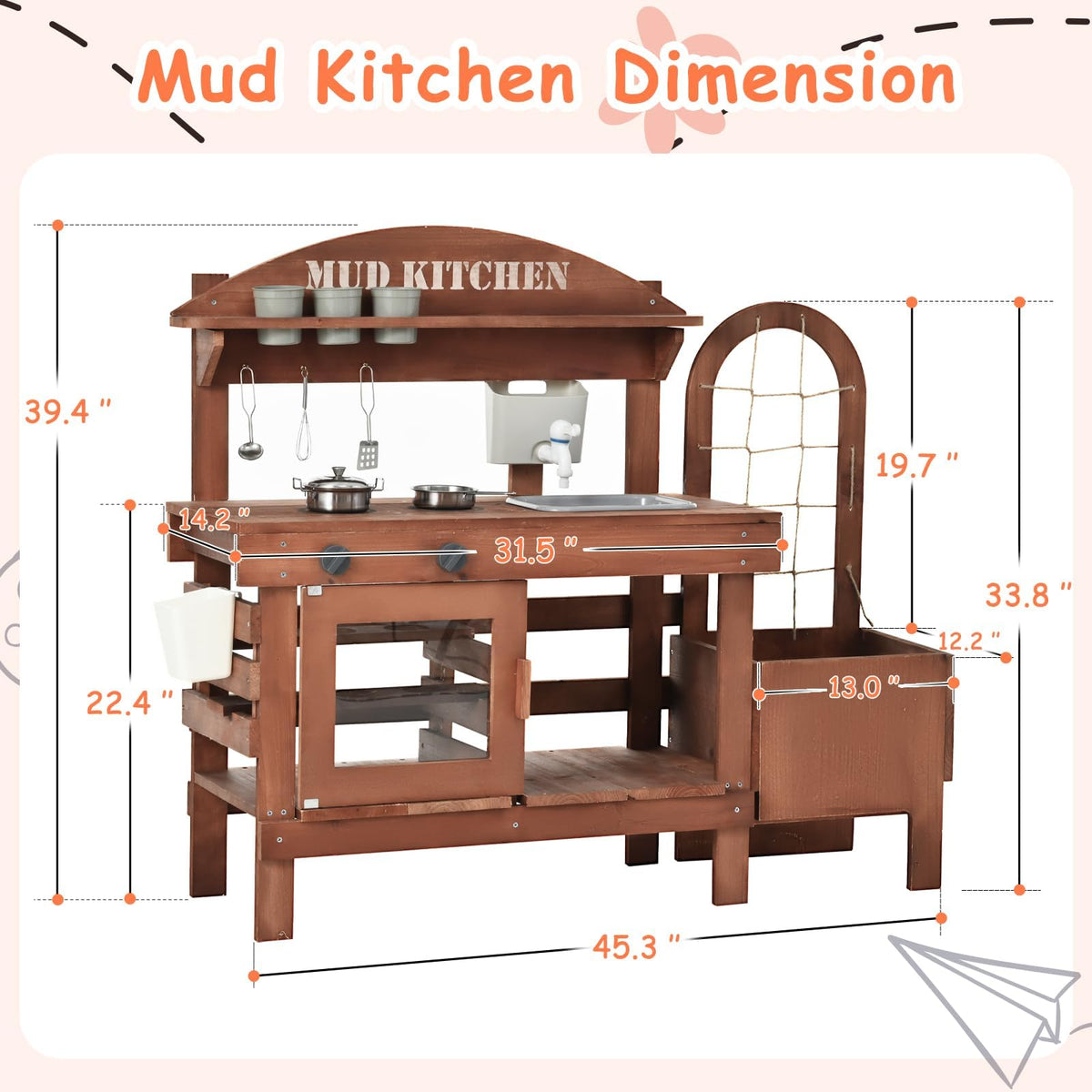Homman Outdoor Mud Kitchen for Kids – 43.7in Wooden Play Kitchen with Plant Box & Observation Room