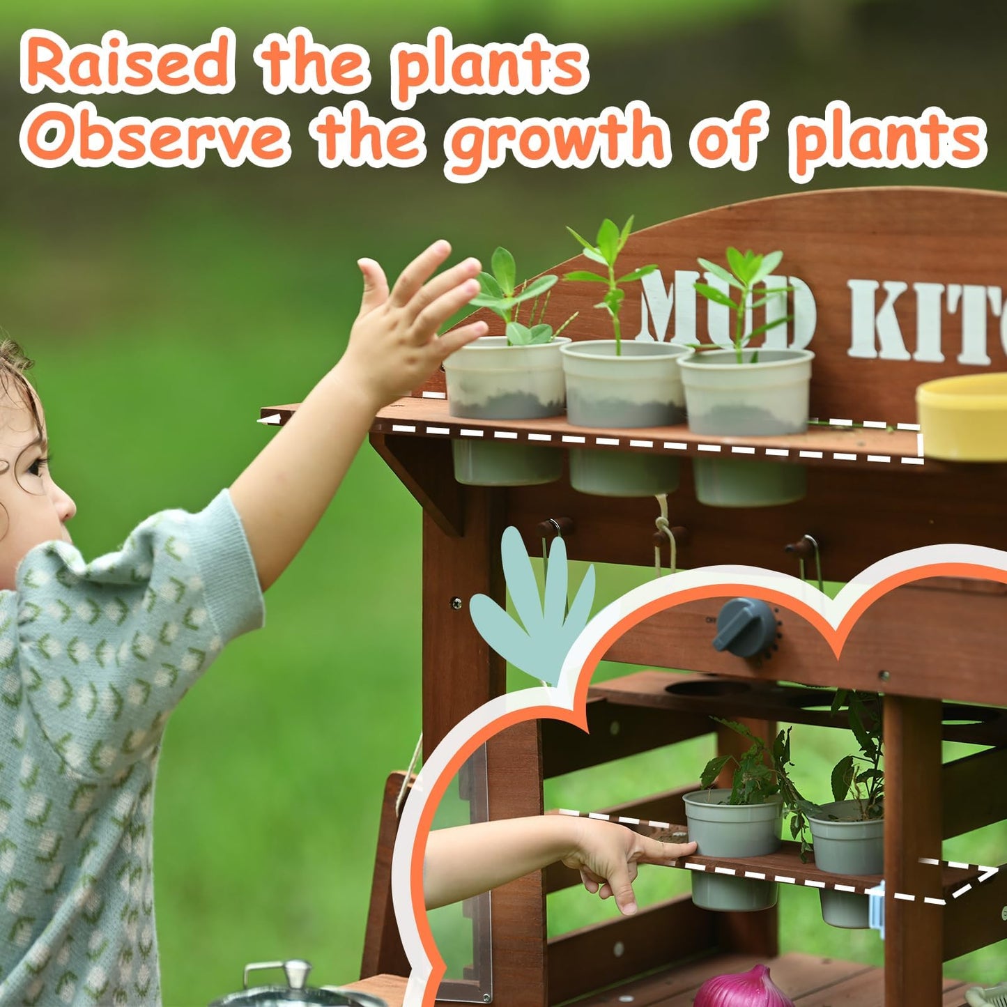 Homman Outdoor Mud Kitchen for Kids – 43.7in Wooden Play Kitchen with Plant Box & Observation Room