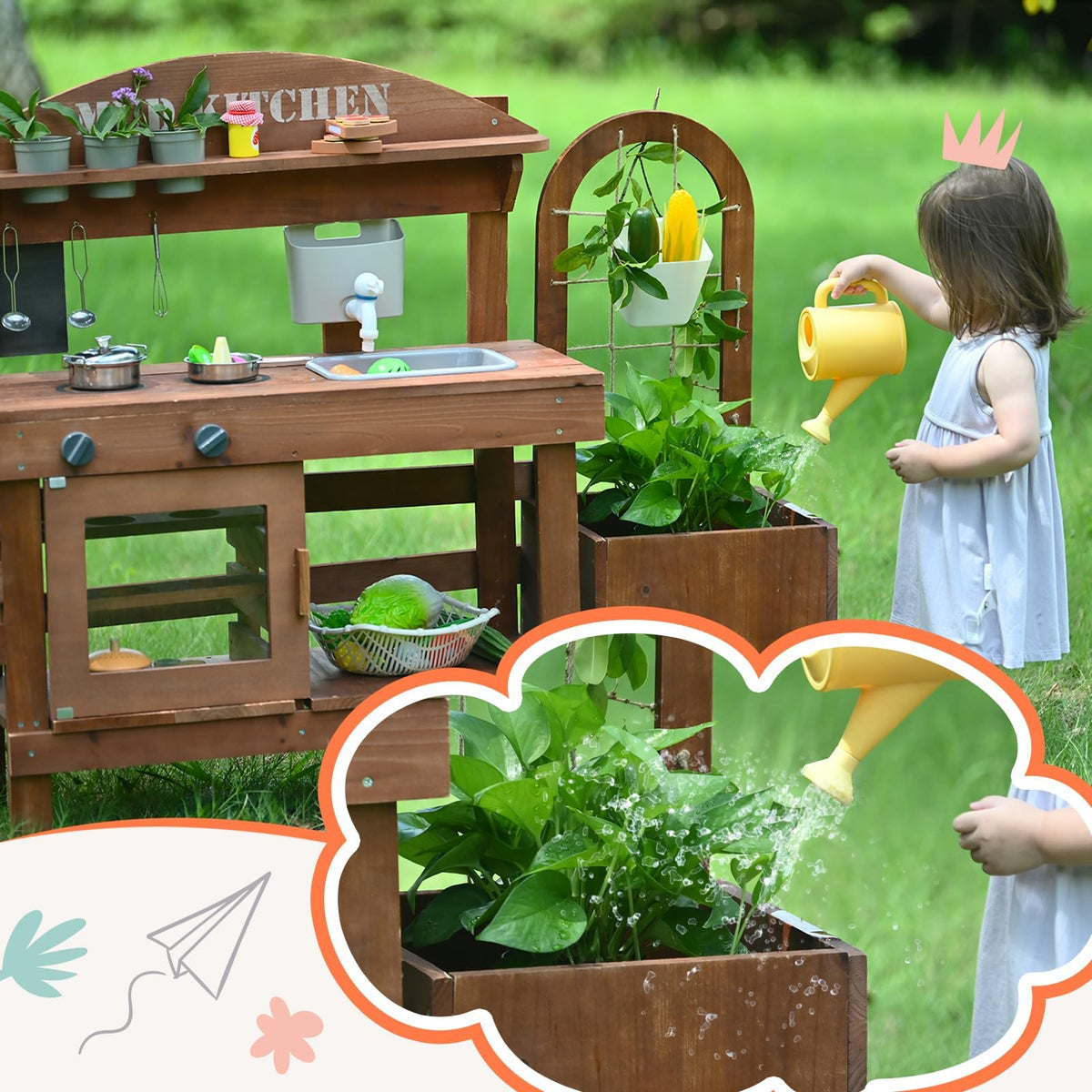 Homman Outdoor Mud Kitchen for Kids – 43.7in Wooden Play Kitchen with Plant Box & Observation Room