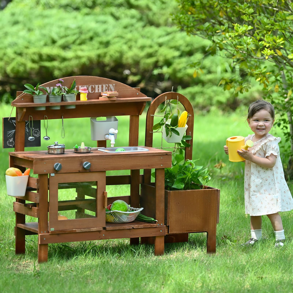 Homman Outdoor Mud Kitchen for Kids – 43.7in Wooden Play Kitchen with Plant Box & Observation Room