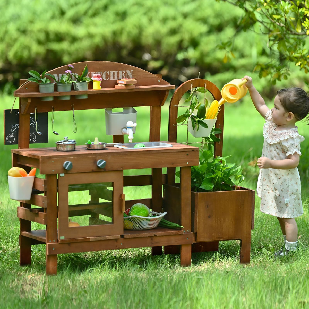 Homman Outdoor Mud Kitchen for Kids – 43.7in Wooden Play Kitchen with Plant Box & Observation Room