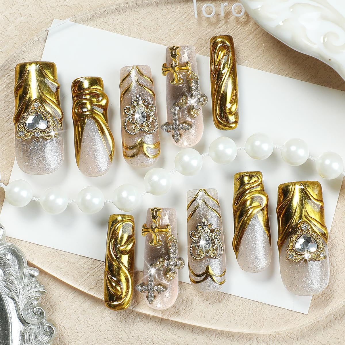 Homsera Handmade XL Long Square Nails – Magic Mirror Gold French Tips + 3D Cross Heart Charms