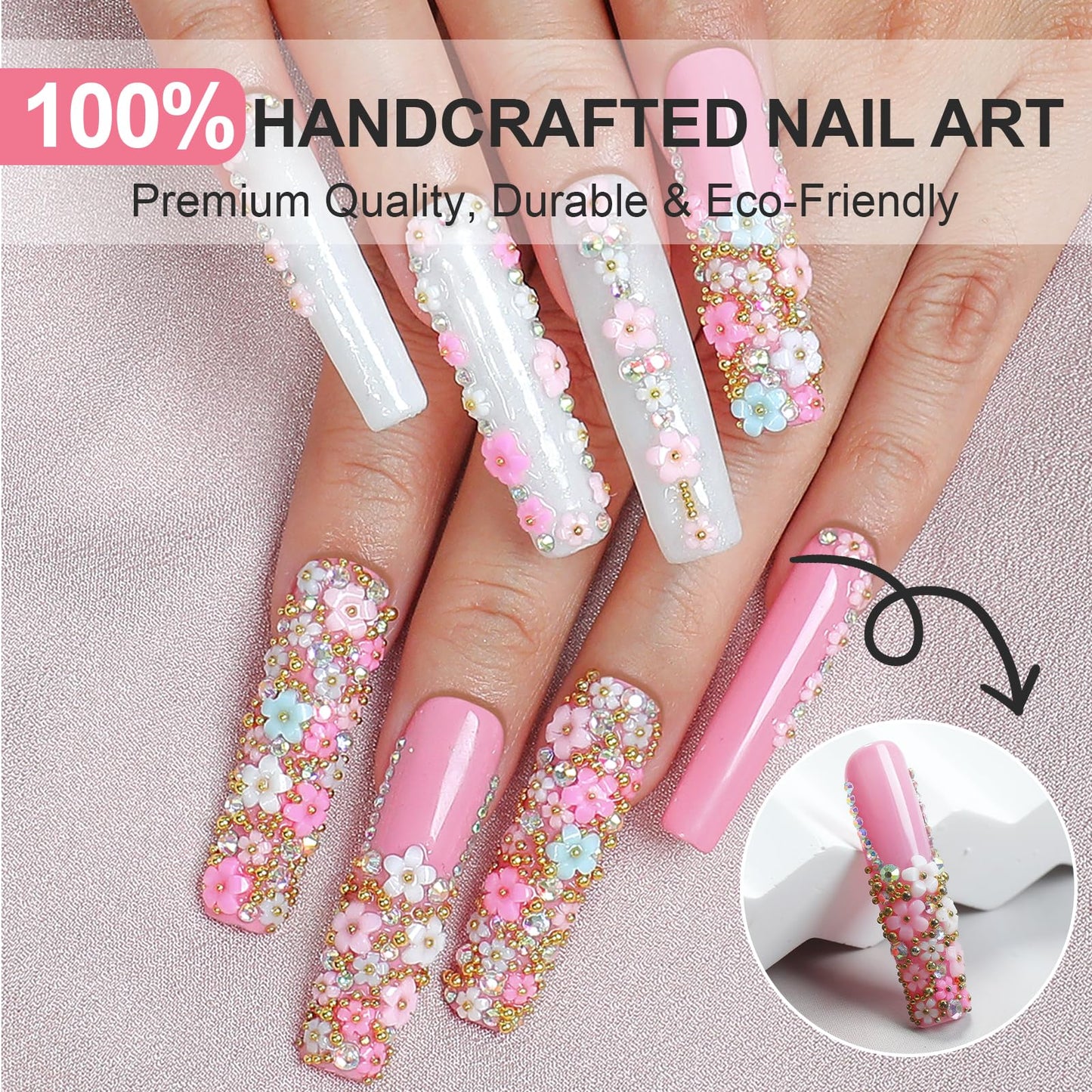 Homsera Handmade Rhinestone Nails – Pink Flowers, Glossy Coffin Press-On Set