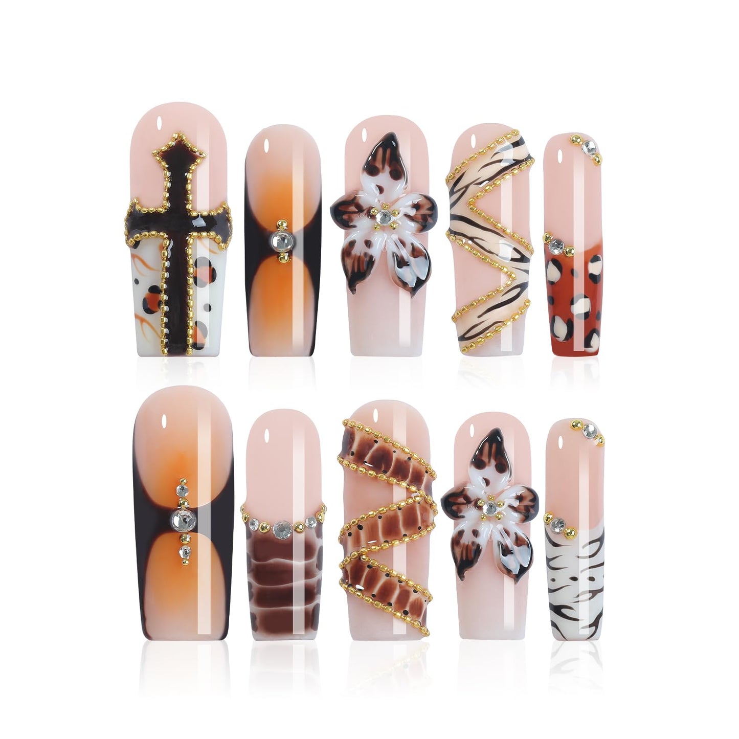 Homsera Press-On Nails – 3D Floral Motifs, Handmade Long Nails for Elegant Events