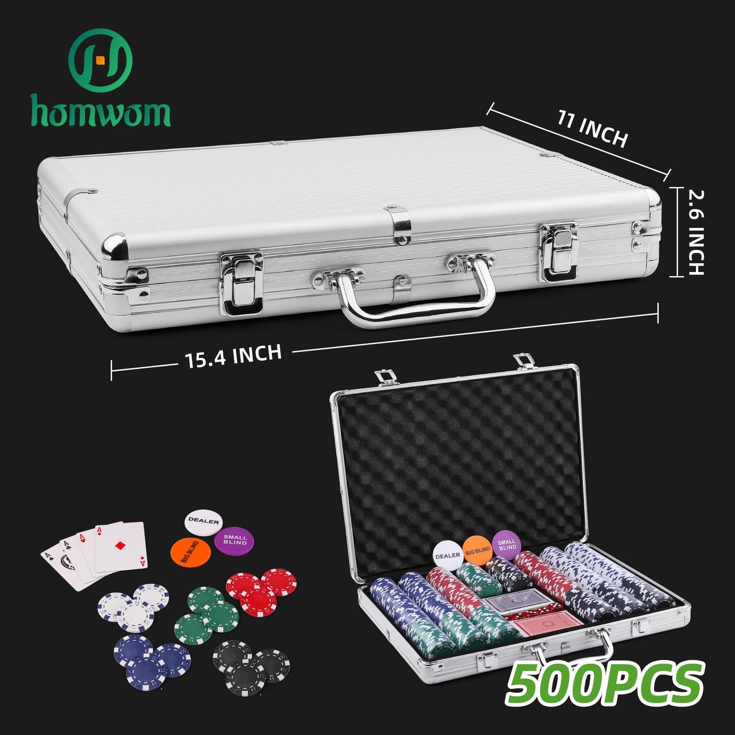 Homwom Poker Chip Set - 500pcs with Aluminum Case | 11.5 g Casino-Quality Chips for Home Games