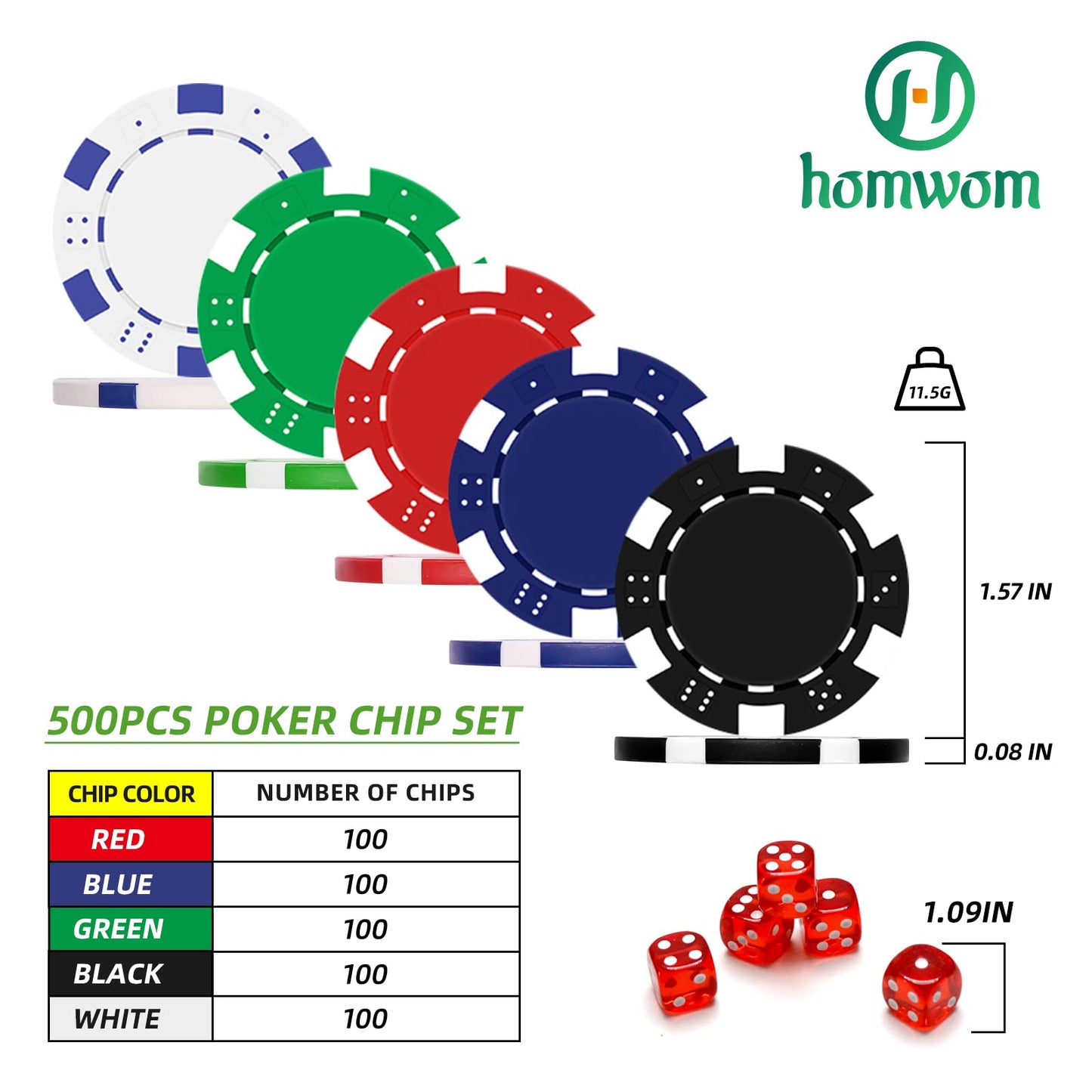 Homwom Poker Chip Set - 500pcs with Aluminum Case | 11.5 g Casino-Quality Chips for Home Games