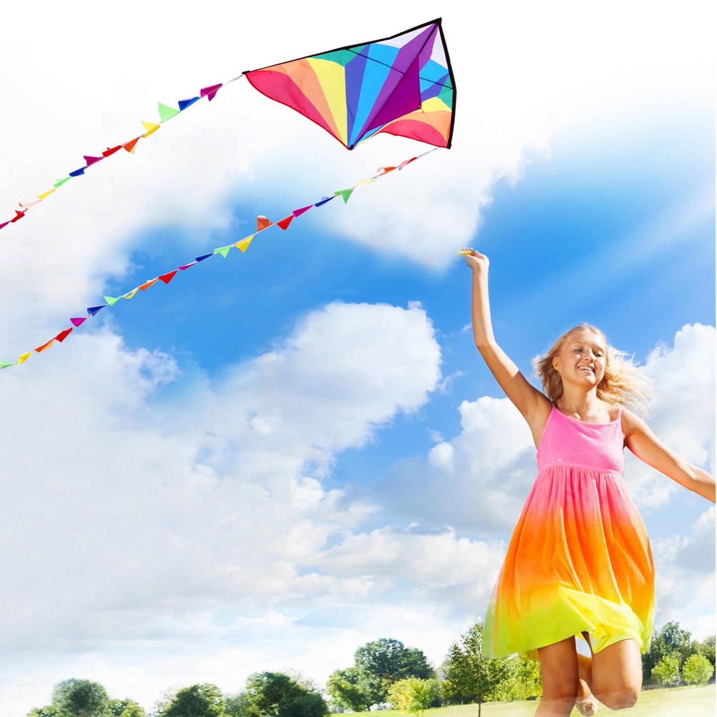 Honbo Large Delta Kite 54x31 — Easy Setup, 13ft Rainbow Tails, Beach Family Fun