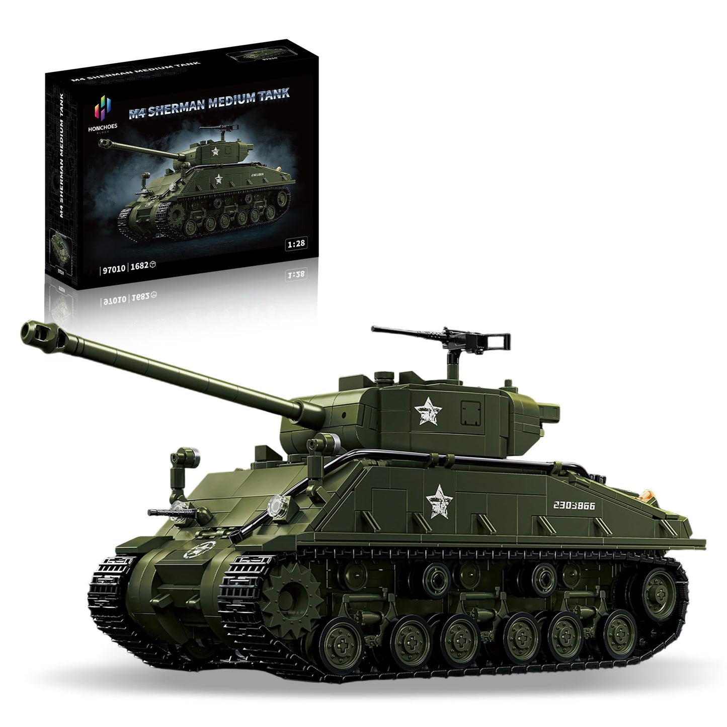 Honchoes M4 Sherman Tank Building Set – 1:28 Scale WWII Model Kit for Adults
