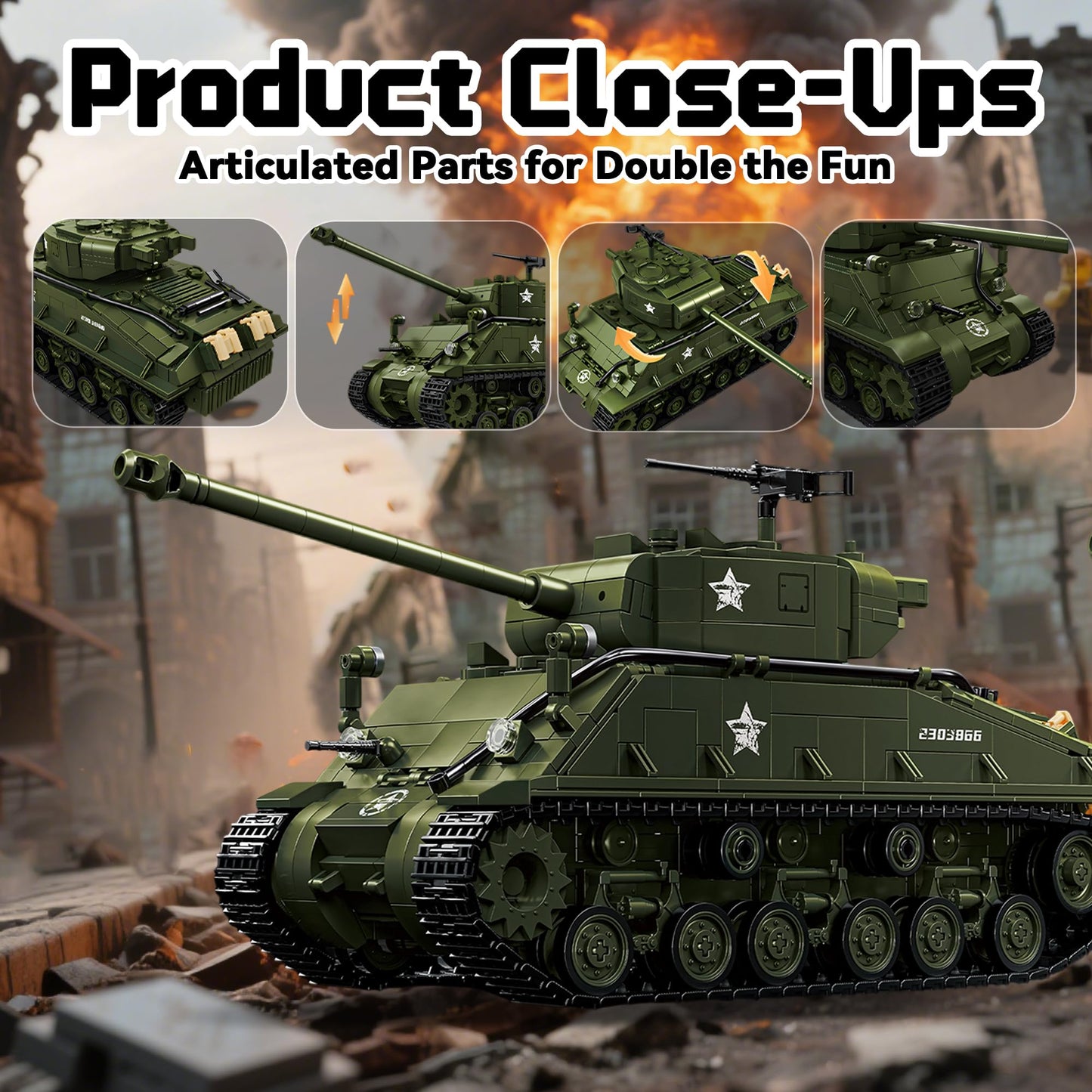 Honchoes M4 Sherman Tank Building Set – 1:28 Scale WWII Model Kit for Adults