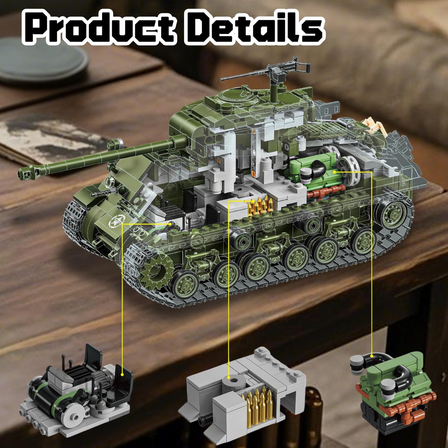 Honchoes M4 Sherman Tank Building Set – 1:28 Scale WWII Model Kit for Adults