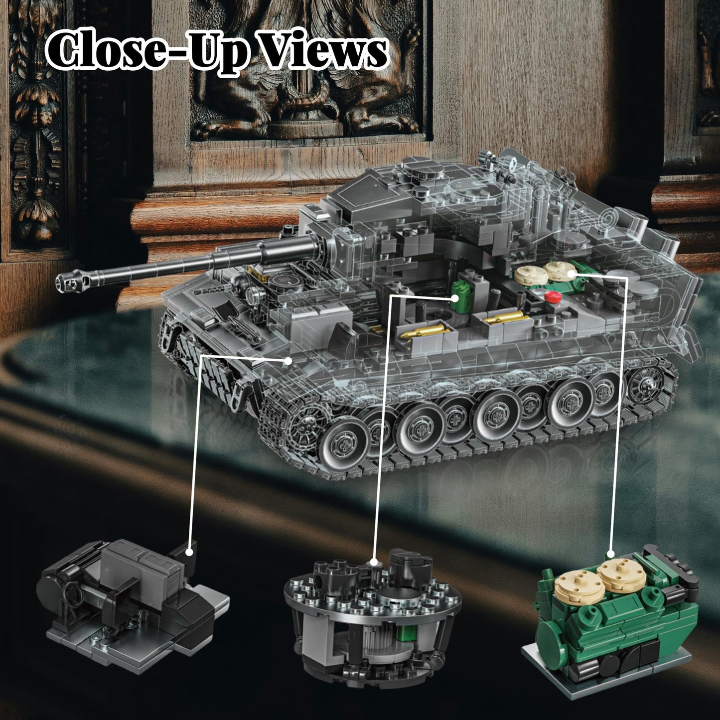 honchoes WW2 Tiger I Tank Building Set | 1:28 Scale Military Model for Adults – Home & Office Decor (Gray)