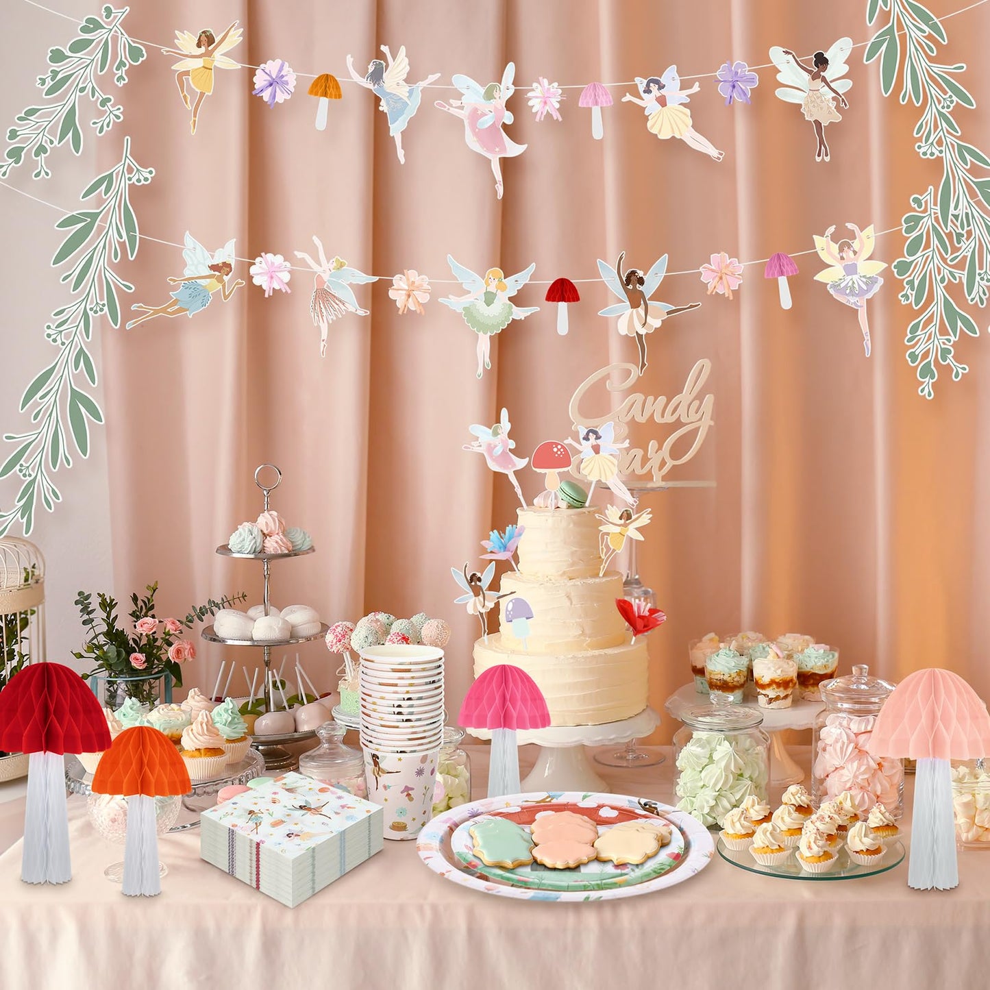 Honeydak 132 Pcs Fairy Party Supplies – Ballet Fairies, Mushrooms & Floral Decor Bundle