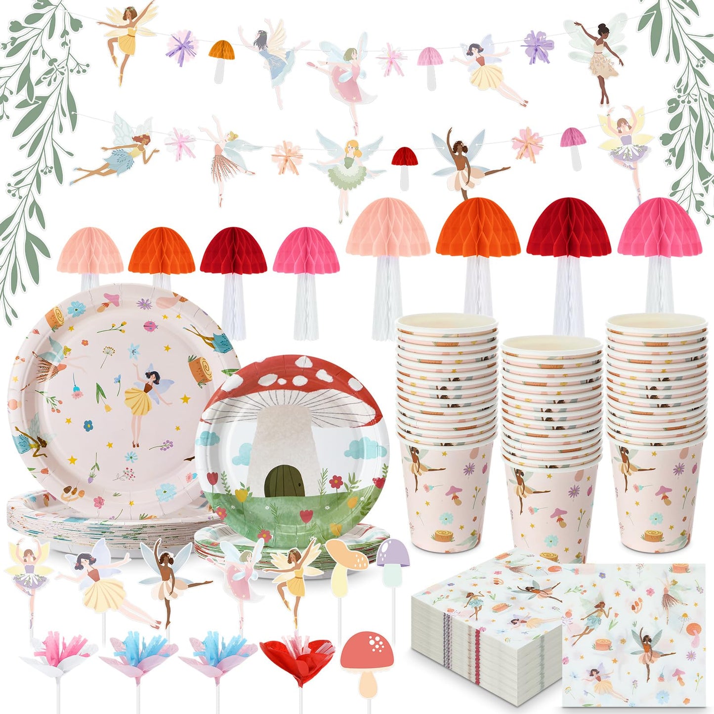 Honeydak 132 Pcs Fairy Party Supplies – Ballet Fairies, Mushrooms & Floral Decor Bundle