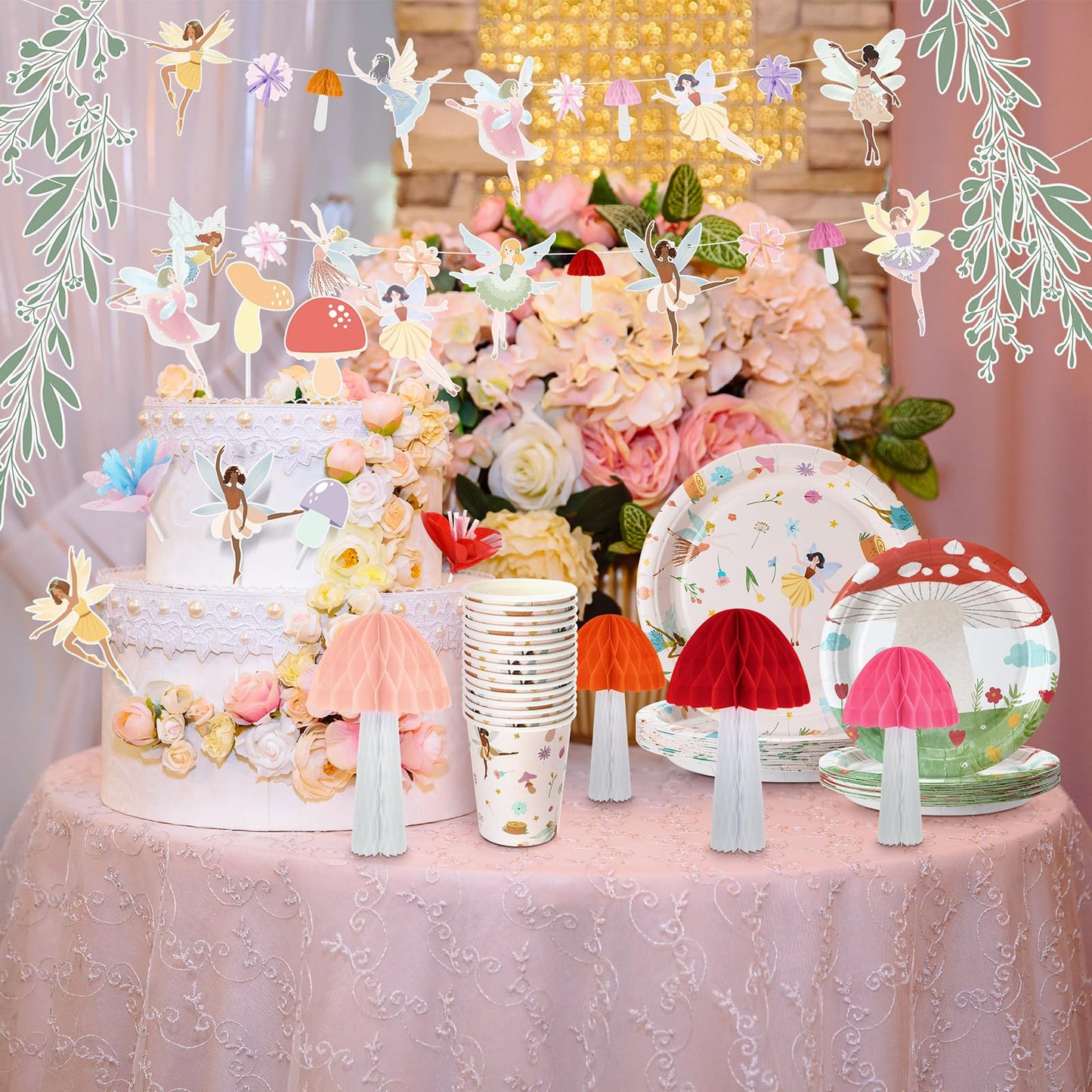 Honeydak 132 Pcs Fairy Party Supplies – Ballet Fairies, Mushrooms & Floral Decor Bundle