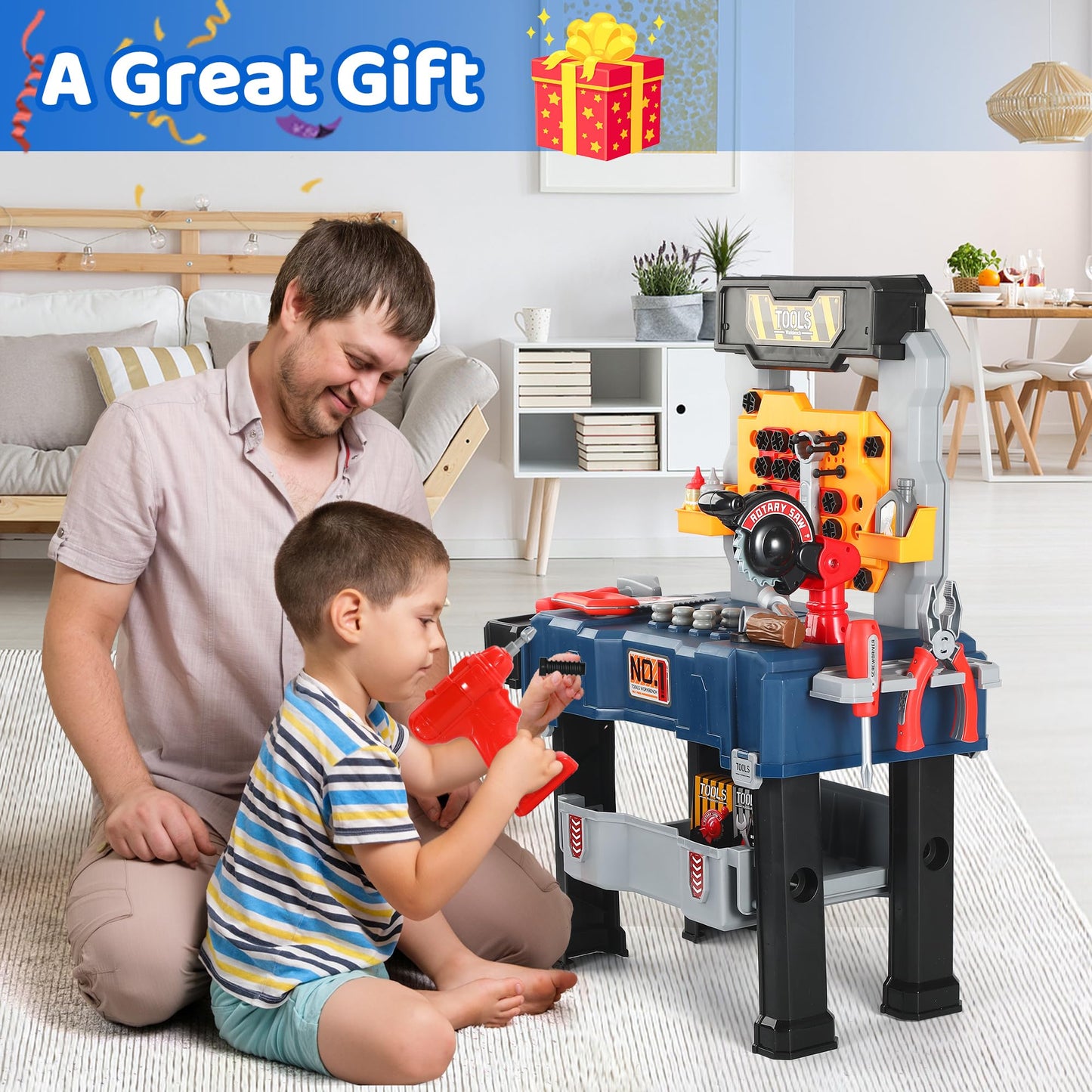 Honeystar Kids Tool Bench – 65-Piece Power Tools Workshop Toy (Ages 3-8, Navy Blue)