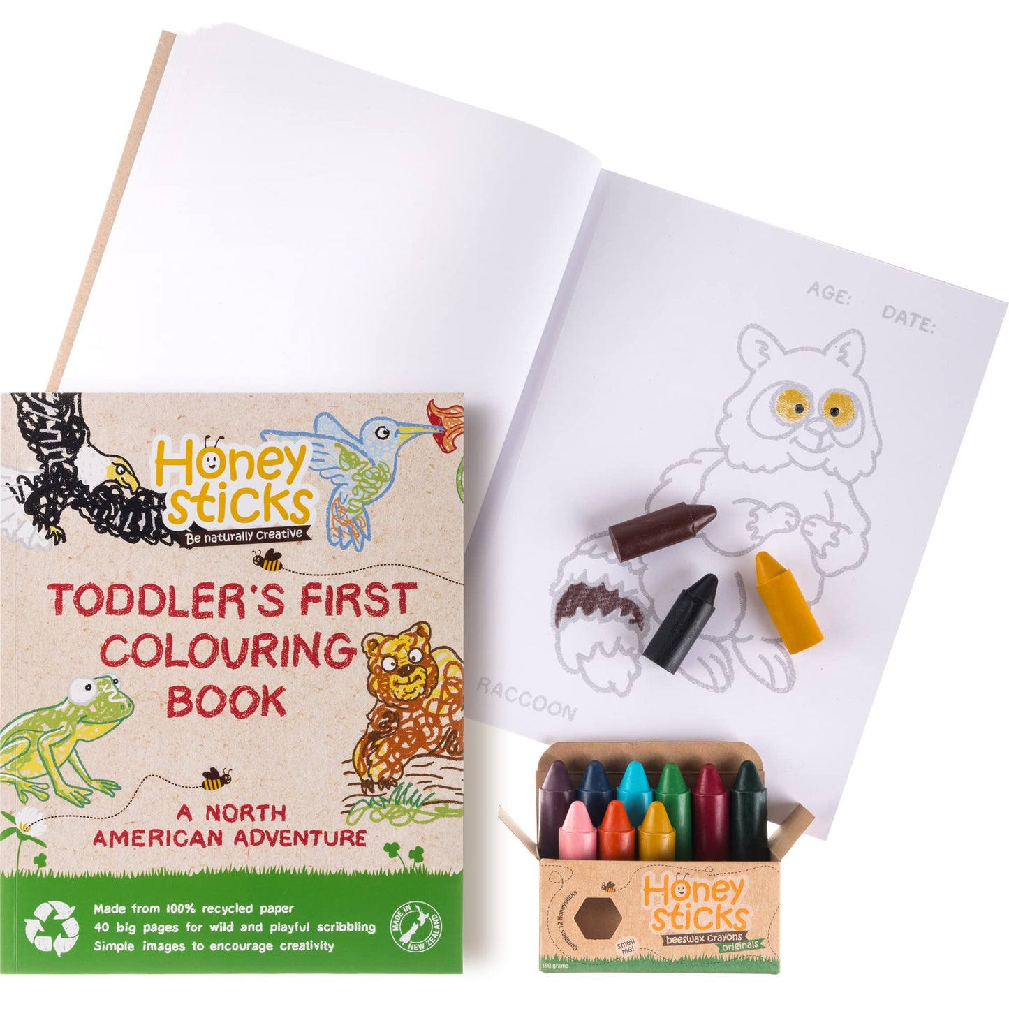 Honeysticks 100% Pure Beeswax Crayons – Non-Toxic, Handmade NZ (12-Pack + 40-Page Book)