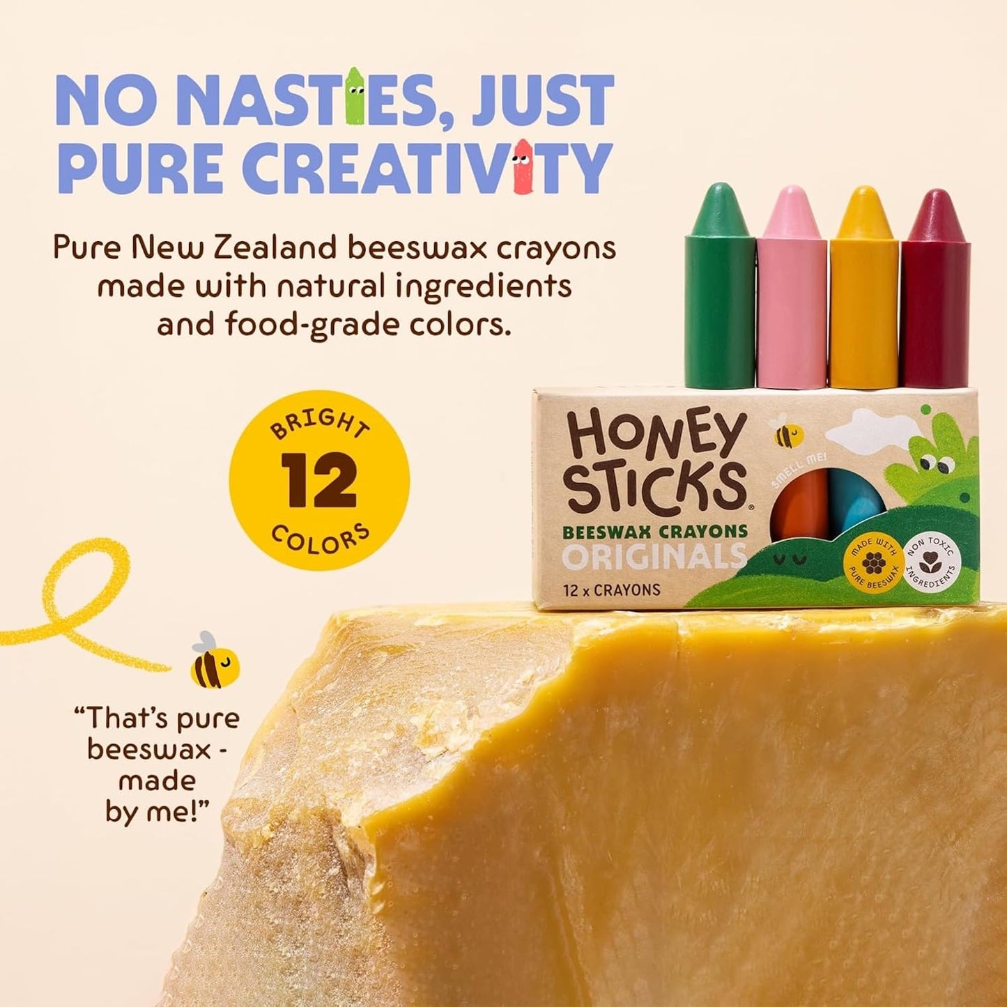 Honeysticks 100% Pure Beeswax Crayons (12 Pack) – Non-Toxic, Handmade in New Zealand for Toddlers