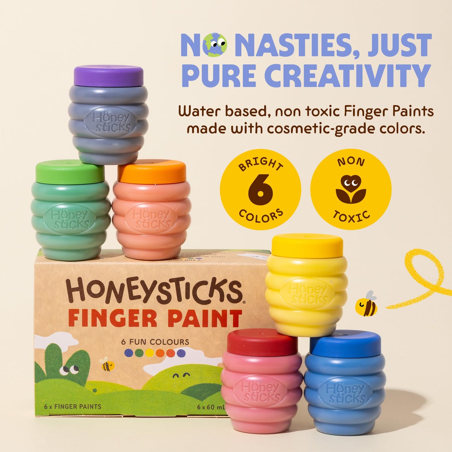 Honeysticks Non-Toxic Finger Paint - 6 Bright Colors, Washable from Skin, Eco-Friendly NZ-Made
