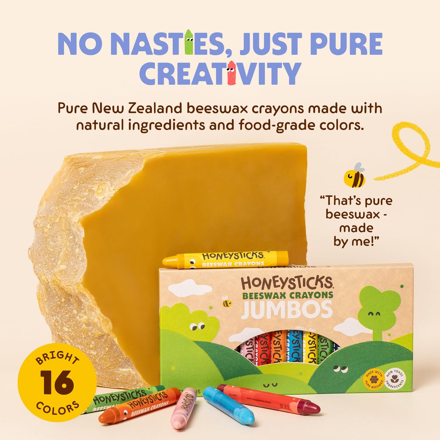 Honeysticks Jumbo Crayons (16 Pack) – 100% Beeswax, Non-Toxic, Large Easy-Grip