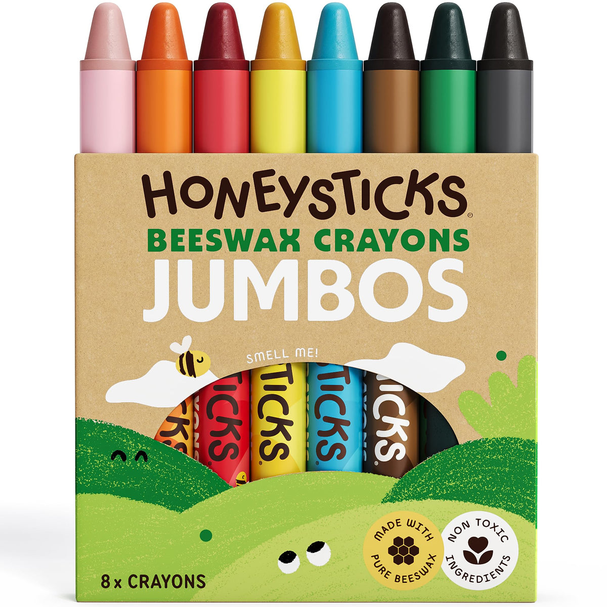 Honeysticks Jumbo Crayons (8 Pack) – Non-Toxic Beeswax, 8 Bright Colors, Easy-Grip