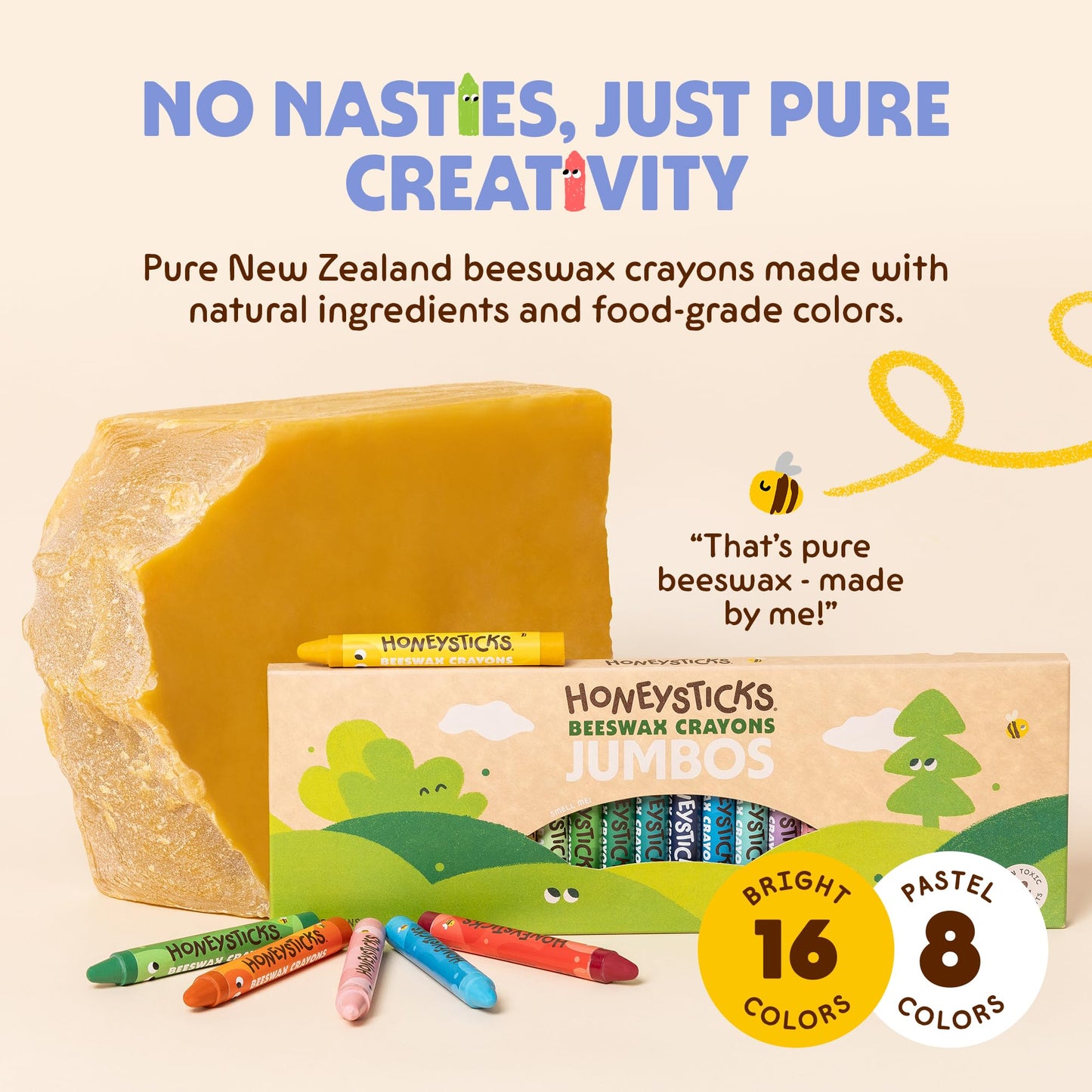 Honeysticks Jumbo Crayons (24 Pack) – Pure Beeswax, Non-Toxic Colors, Large Easy-Hold Crayons for Kids 3–8