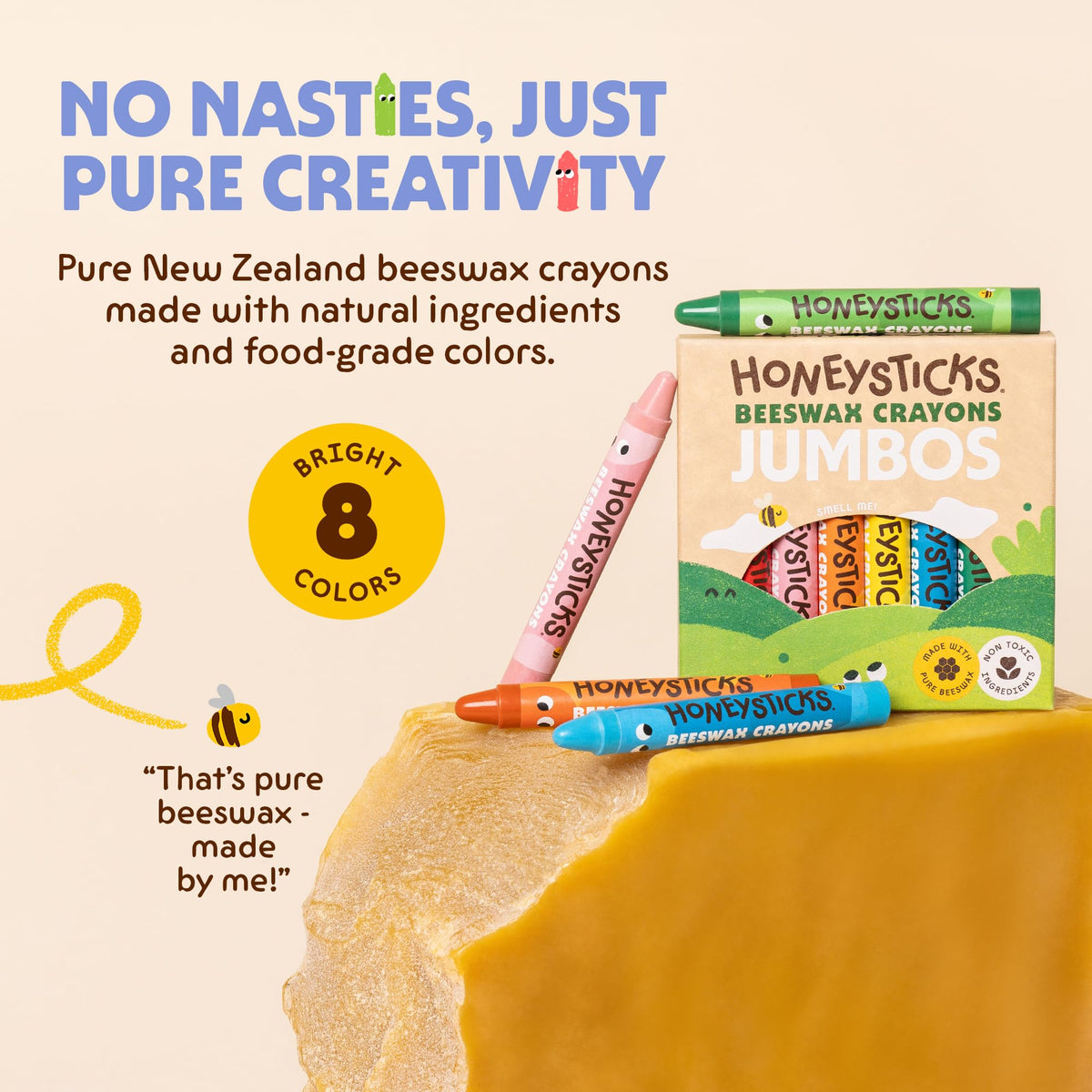 Honeysticks Jumbo Crayons (8 Pack) – Non-Toxic Beeswax, 8 Bright Colors, Easy-Grip