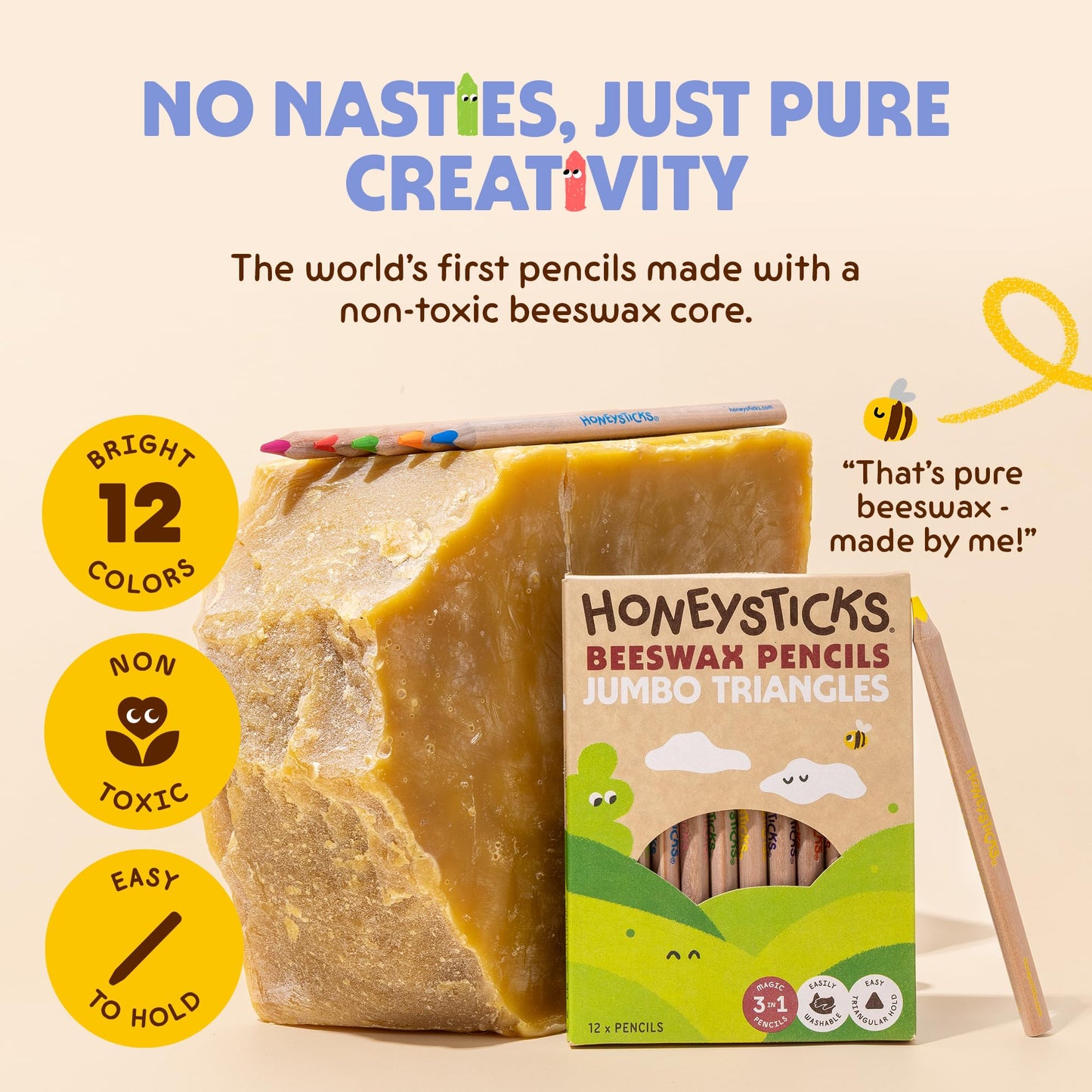 Honeysticks Jumbo Triangle Pencils (12 Pack) – Non-Toxic Beeswax Core