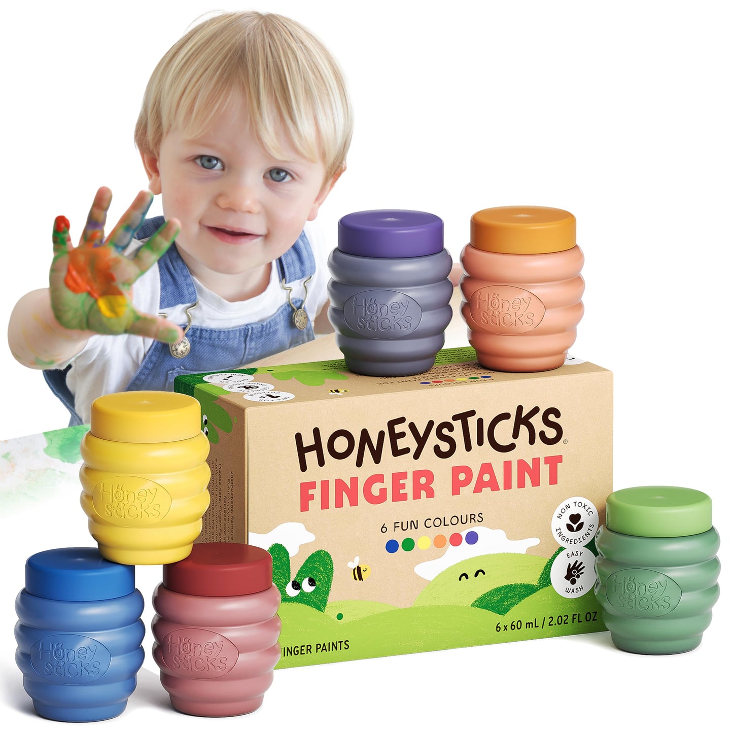 Honeysticks Non-Toxic Finger Paint - 6 Bright Colors, Washable from Skin, Eco-Friendly NZ-Made
