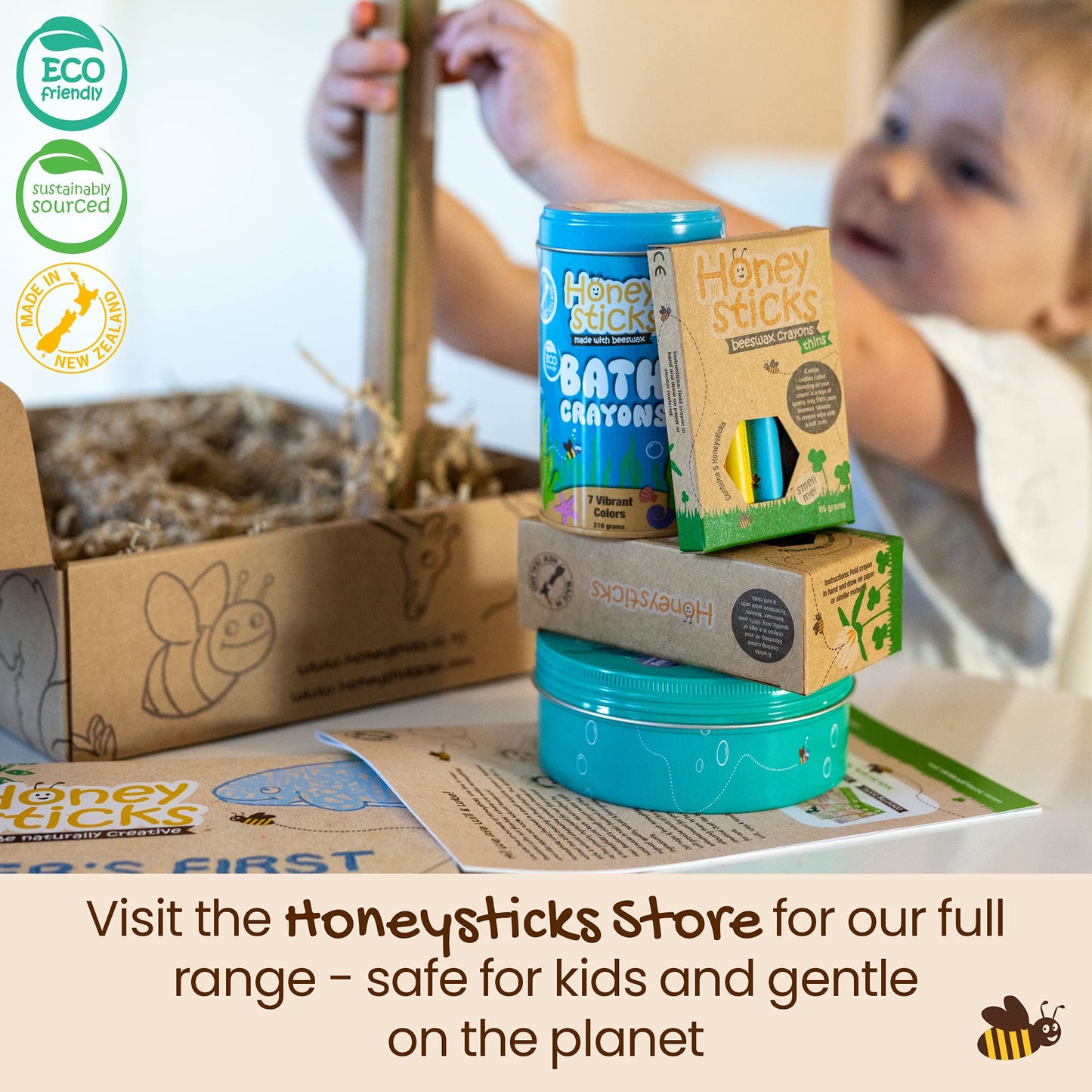 Honeysticks 100% Pure Beeswax Crayons – Non-Toxic, Handmade NZ (12-Pack + 40-Page Book)