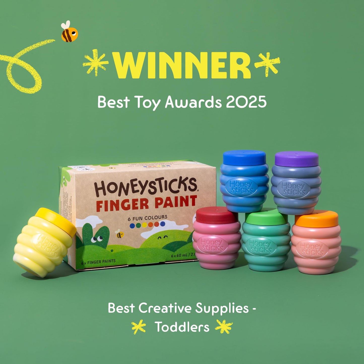 Honeysticks Non-Toxic Finger Paint - 6 Bright Colors, Washable from Skin, Eco-Friendly NZ-Made