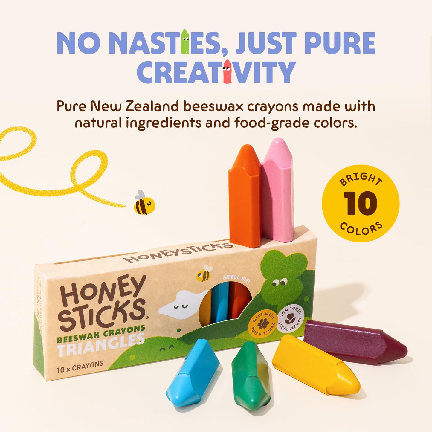 Honeysticks Triangular Crayons (10 Pack) – 100% Beeswax, Non-Toxic, Easy-Grip for Toddlers, Made in New Zealand