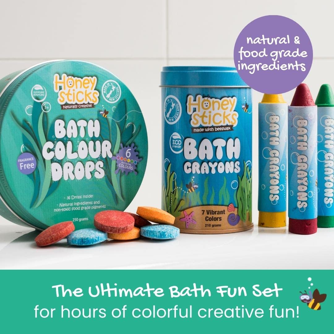 Honeysticks Ultimate Bath Fun Set – Non-T toxic Bath Crayons (7-Pack) & Bath Color Drops (36 Drops) | Gift-Ready