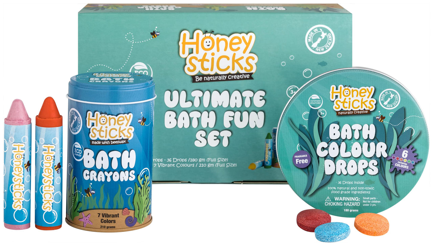 Honeysticks Ultimate Bath Fun Set – Non-T toxic Bath Crayons (7-Pack) & Bath Color Drops (36 Drops) | Gift-Ready
