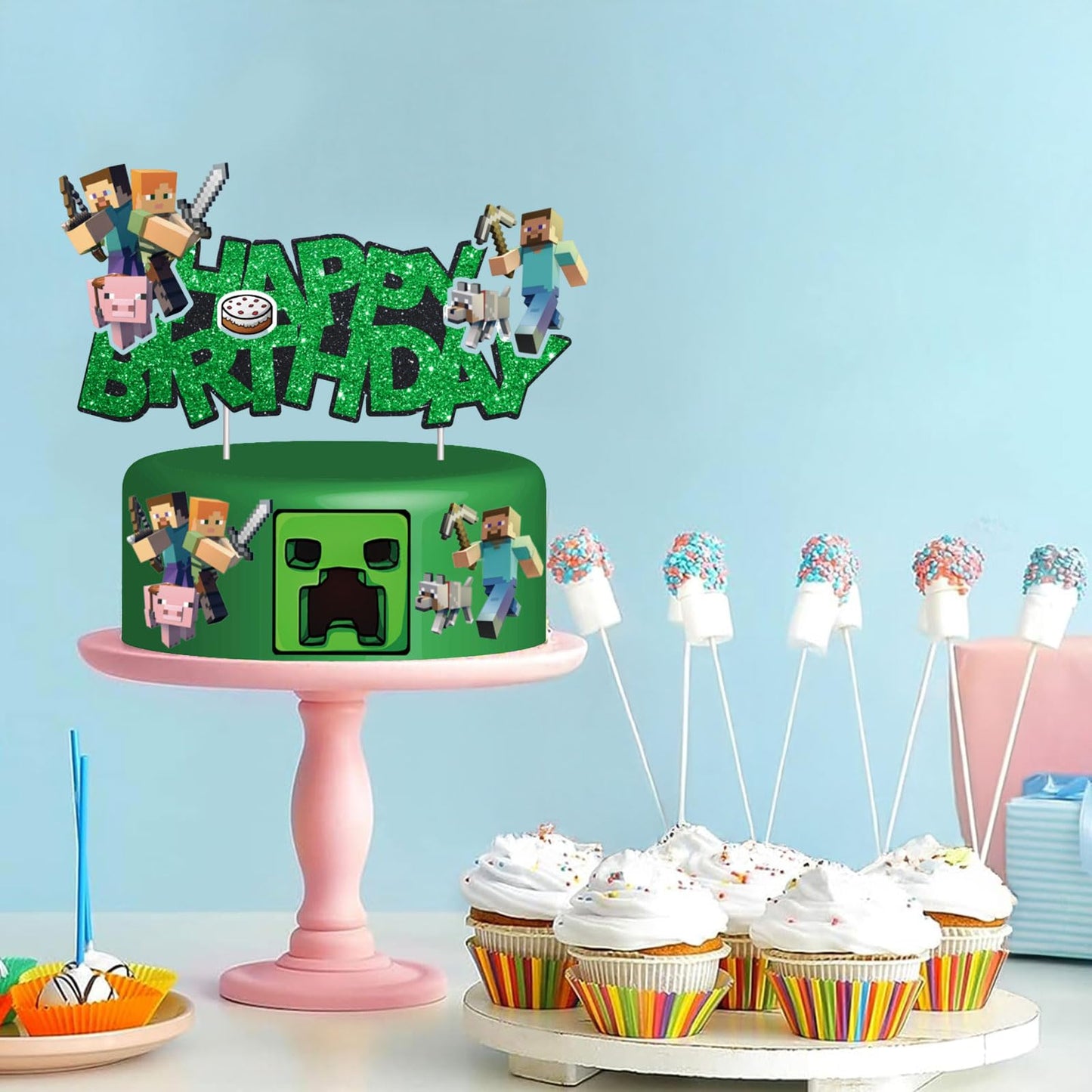HonFHena Pixel Styled Cake Decorations – Video Game Themed Birthday Topper (Green)