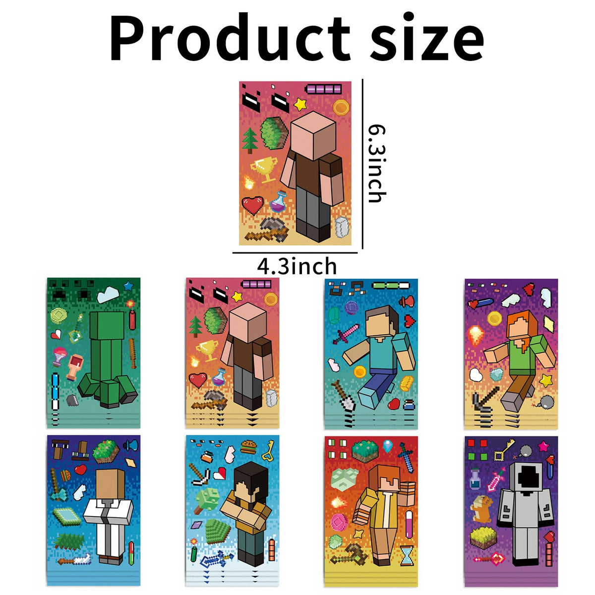 HonFHena 24 Sheets Cartoon Stickers – 8 Characters, 3 Sheets Each, Cute Pixel Party Favors