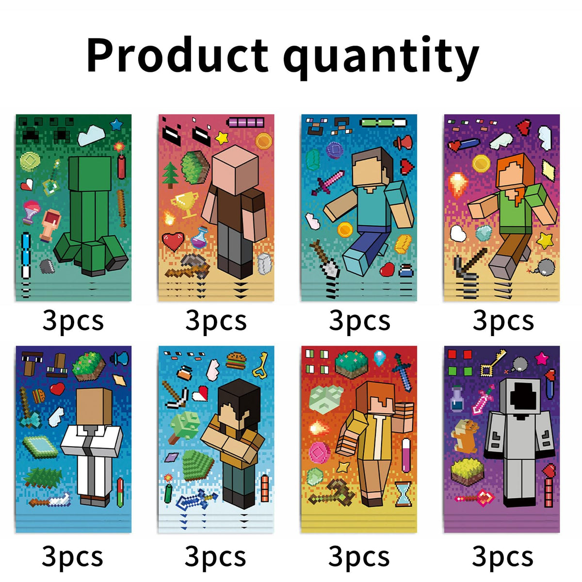 HonFHena 24 Sheets Cartoon Stickers – 8 Characters, 3 Sheets Each, Cute Pixel Party Favors