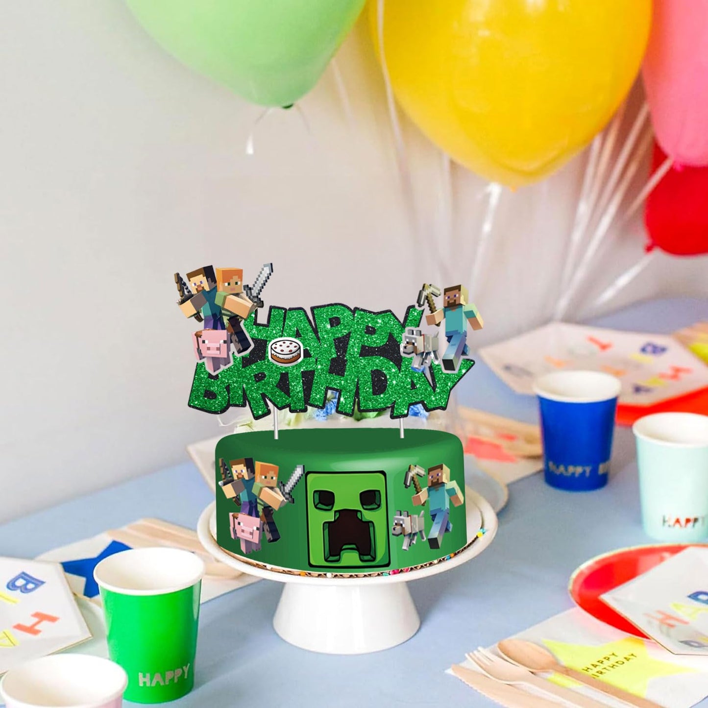 HonFHena Pixel Styled Cake Decorations – Video Game Themed Birthday Topper (Green)