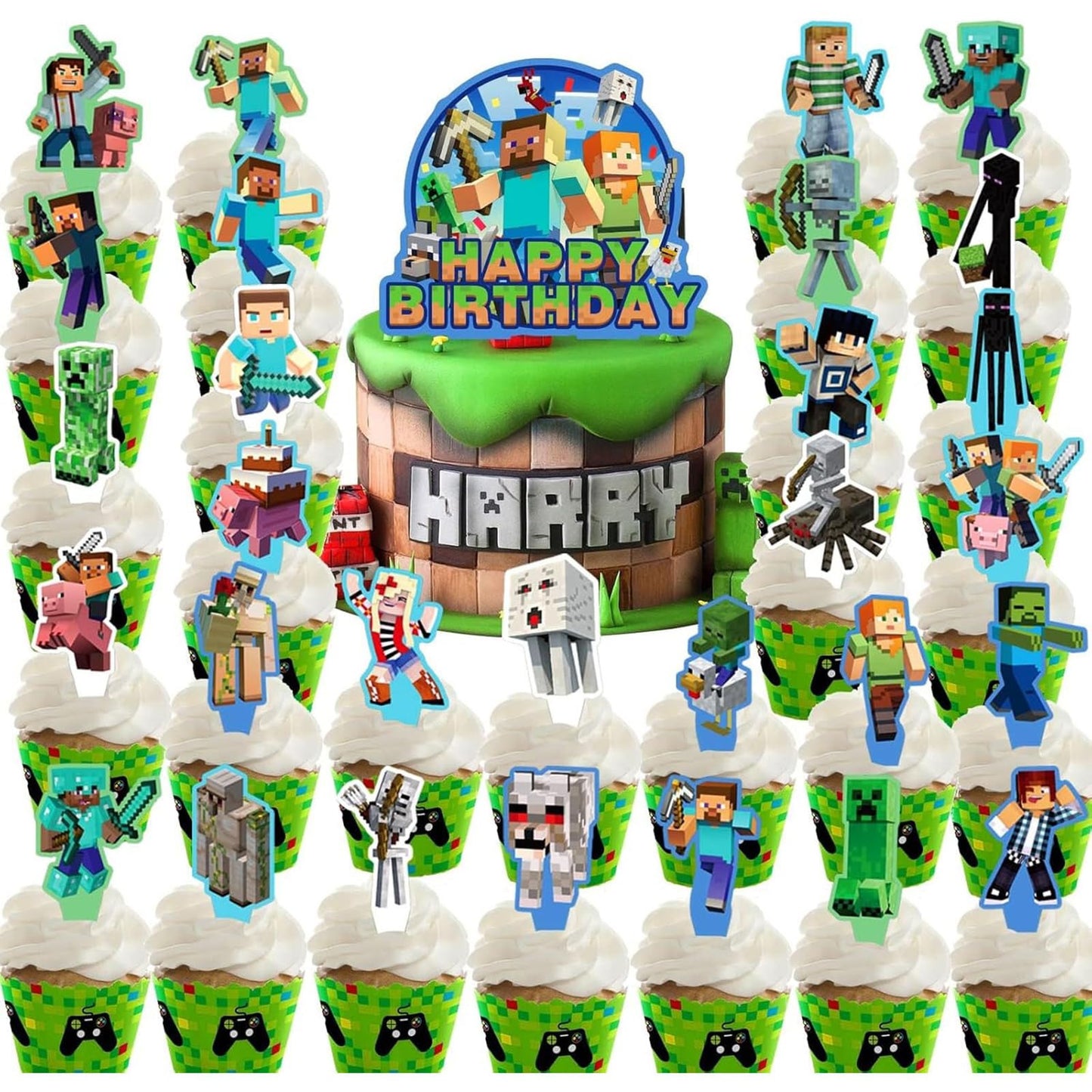 HonFHena 30 Pcs Pixel Styled Gamer Cake Decorations – Happy Birthday Topper & Cupcake Toppers