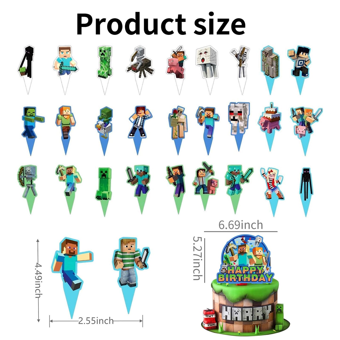 HonFHena 30 Pcs Pixel Styled Gamer Cake Decorations – Happy Birthday Topper & Cupcake Toppers