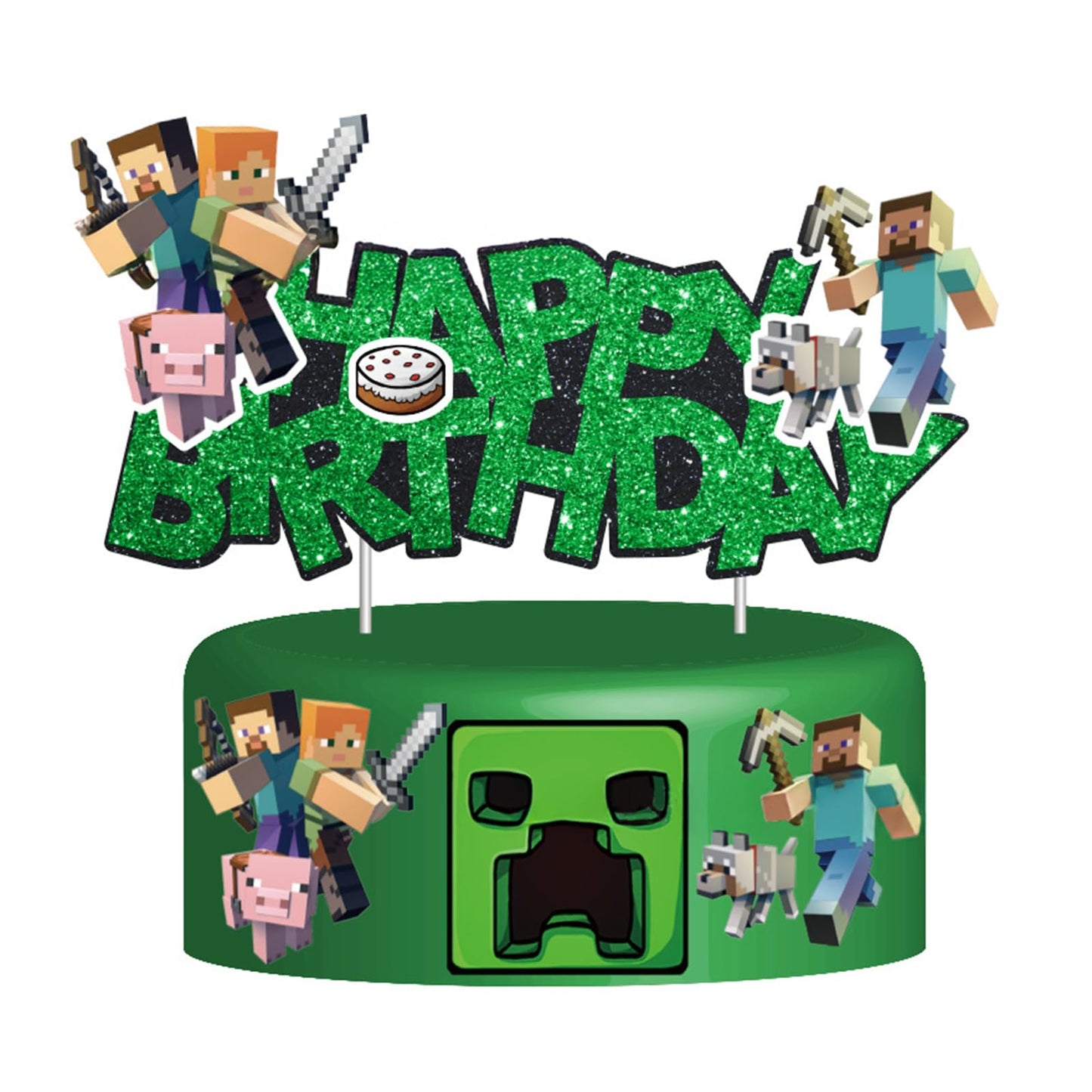 HonFHena Pixel Styled Cake Decorations – Video Game Themed Birthday Topper (Green)
