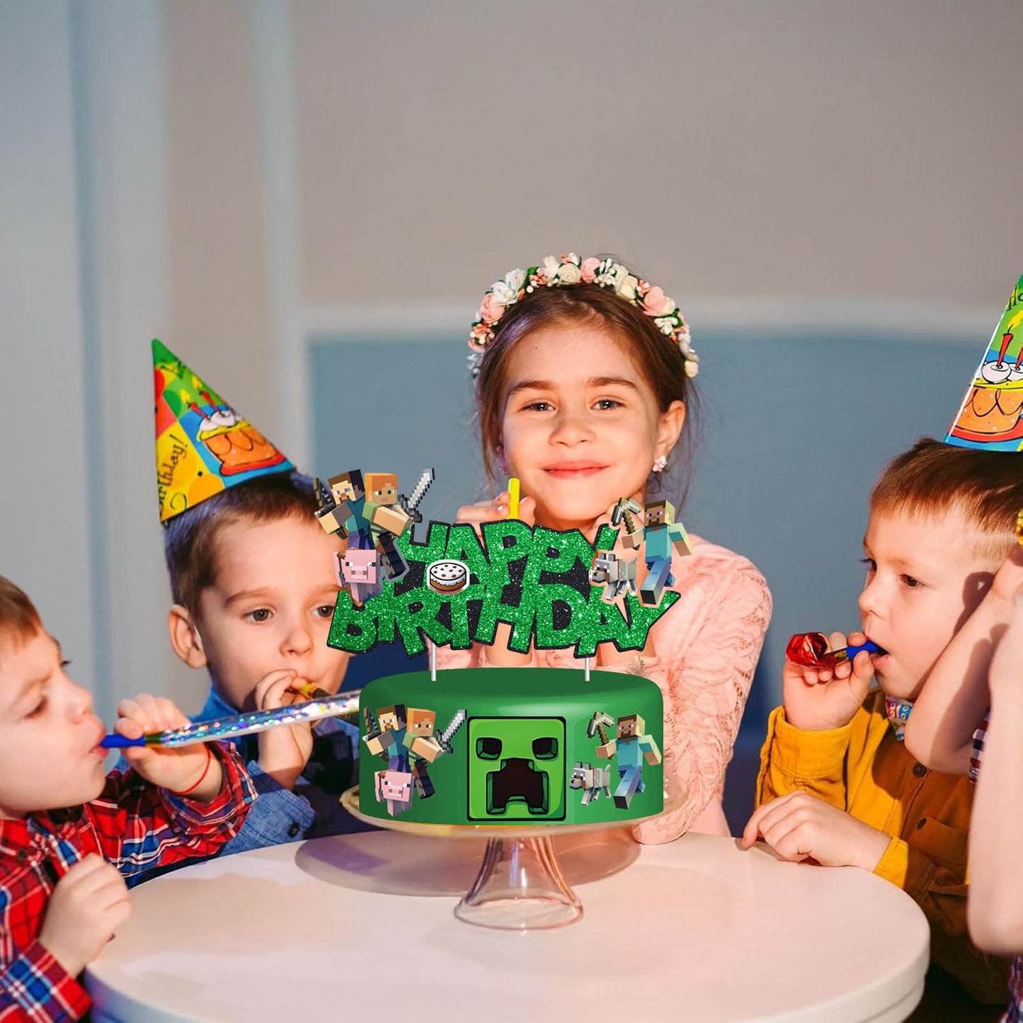 HonFHena Pixel Styled Cake Decorations – Video Game Themed Birthday Topper (Green)