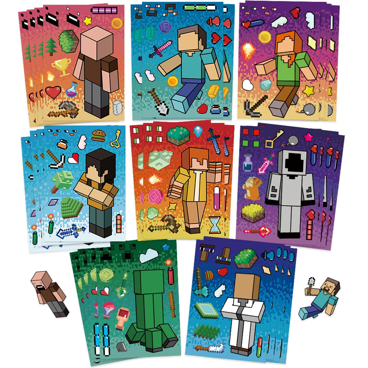 HonFHena 24 Sheets Cartoon Stickers – 8 Characters, 3 Sheets Each, Cute Pixel Party Favors