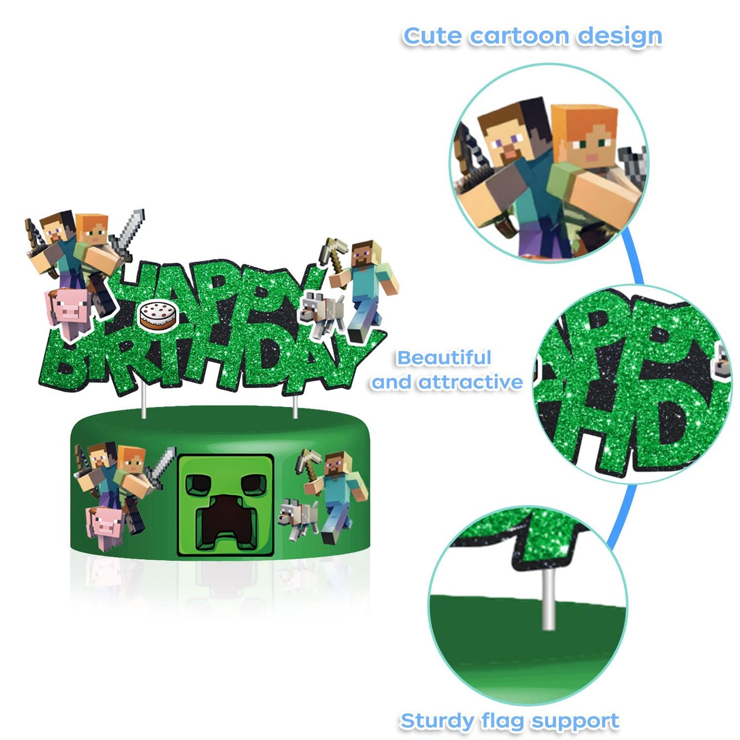 HonFHena Pixel Styled Cake Decorations – Video Game Themed Birthday Topper (Green)