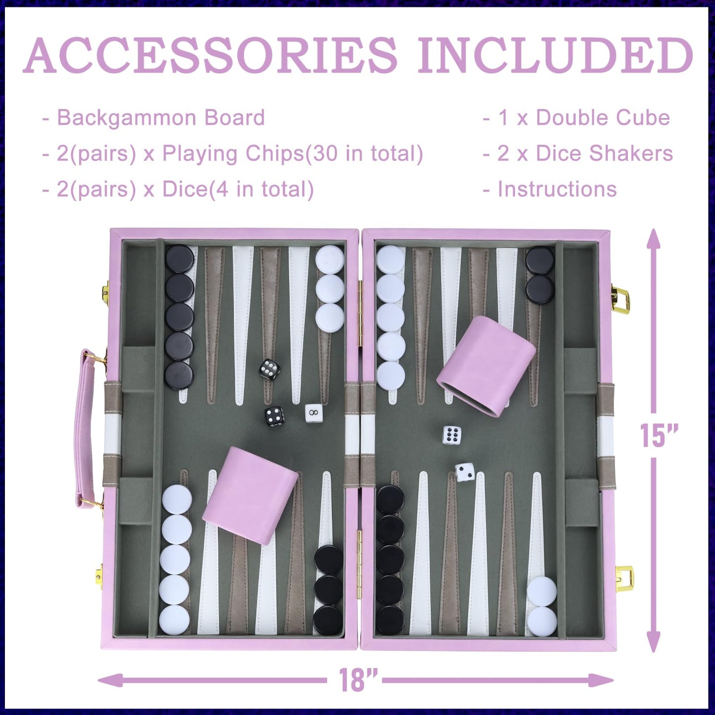 HONGSHUYEE 15-Inch Purple Backgammon Set with Premium Leather Case | Portable Travel Board Game